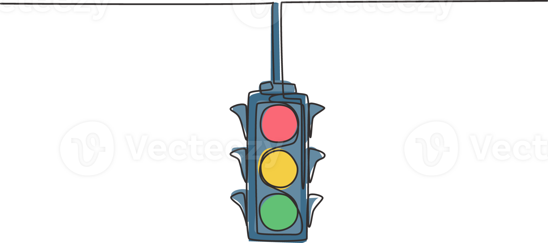 Single continuous line drawing of traffic lights that are placed hanging above the highway crossing. There are four direction traffic lights. Dynamic one line draw graphic design illustration. png