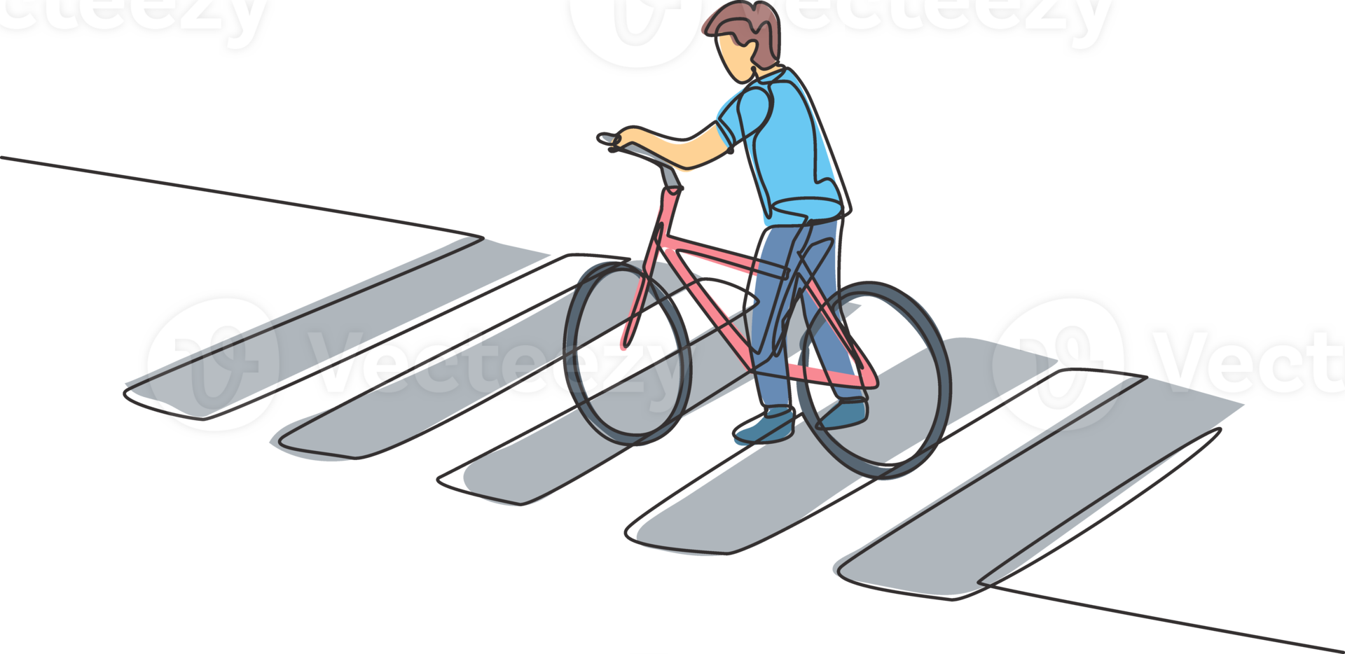 Single one line drawing of a young man riding a bicycle crossing the zebra crossing at a crossroads. Cycling has become a lifestyle for urban people. One line draw design graphic illustration. png