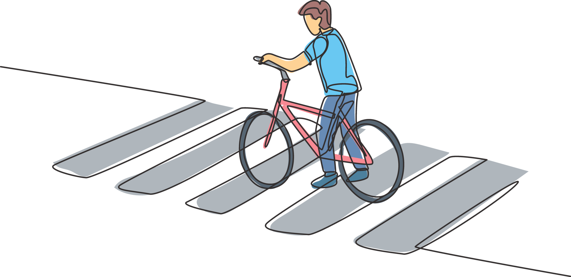 Single one line drawing of a young man riding a bicycle crossing the