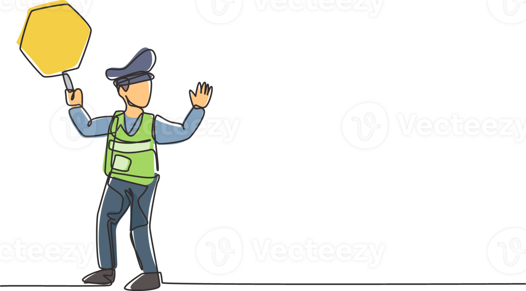 doorlopend een lijn tekening politieagent in vol uniform en hijs- verkeer tekens zijn controlerend de drukte van voertuigen gedurende kantoor stormloop uur. single lijn trek ontwerp grafisch illustratie. png