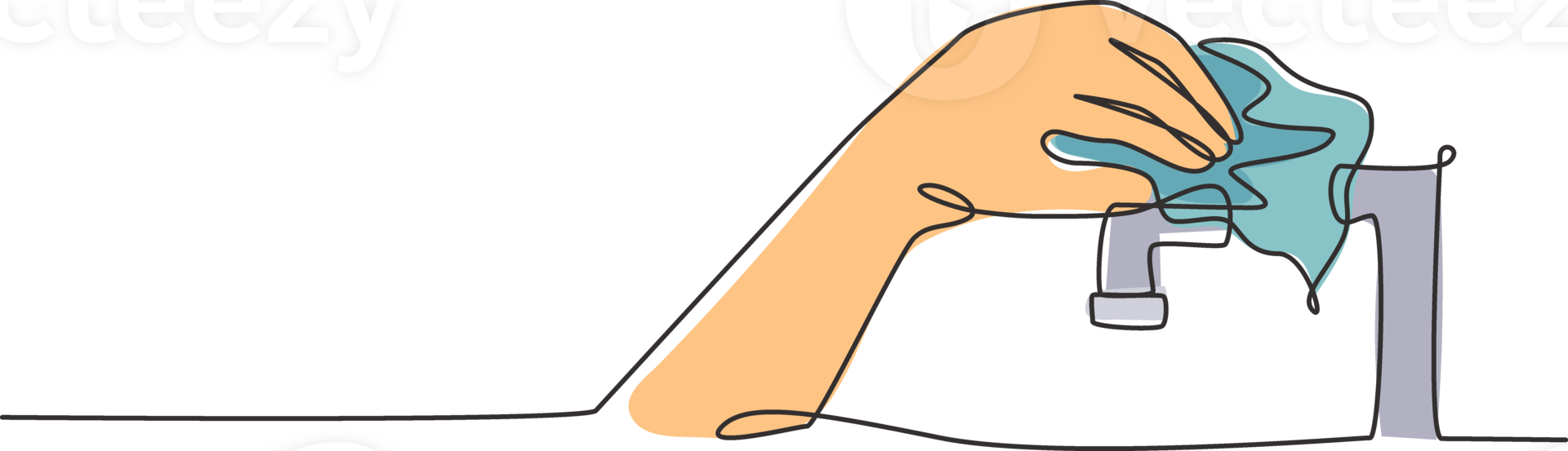 Single continuous line drawing dry the tap water with a towel after washing it thoroughly with clean water. The faucet becomes sleek and shiny again. One line draw graphic design illustration. png