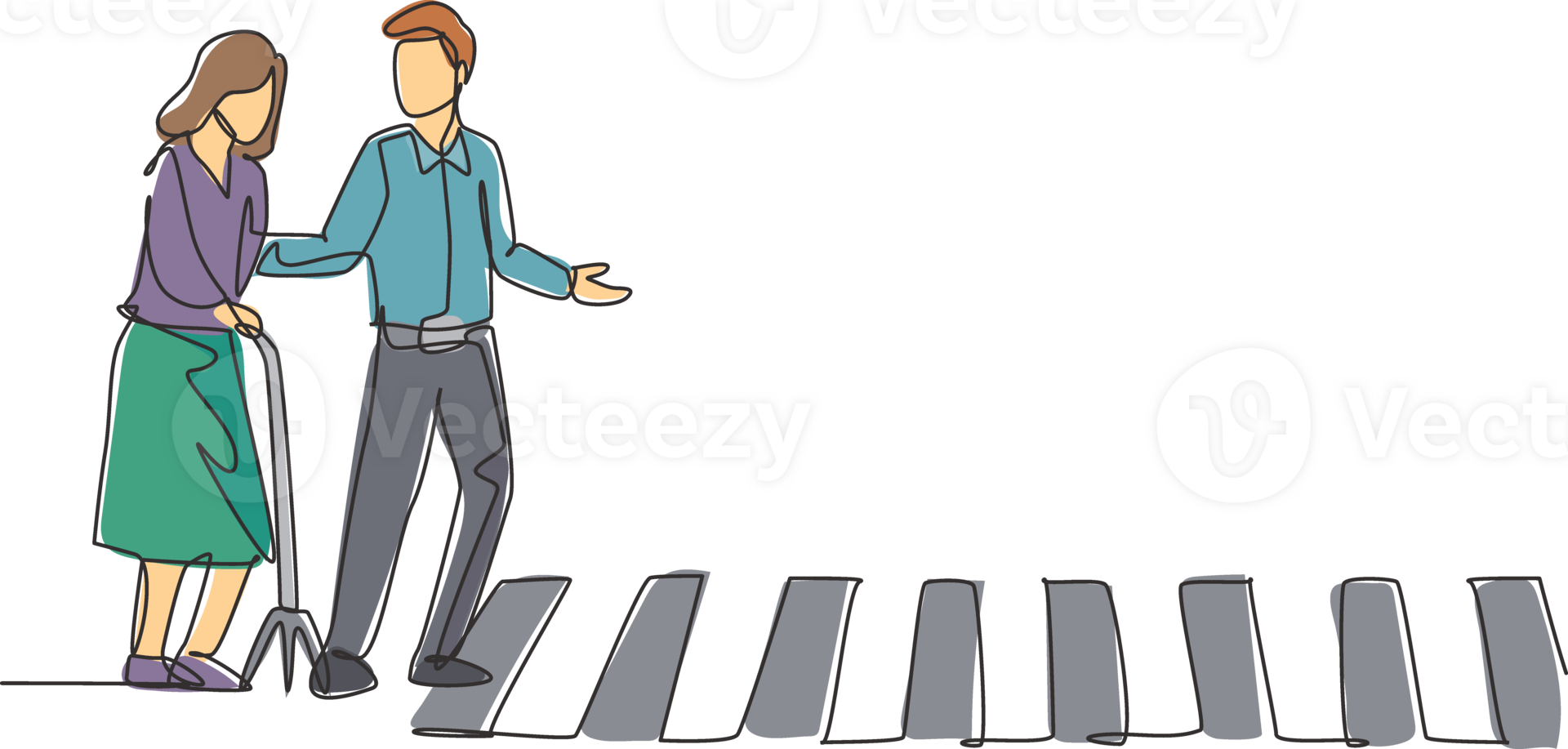 Continuous one line drawing a young man helps an old grandmother who