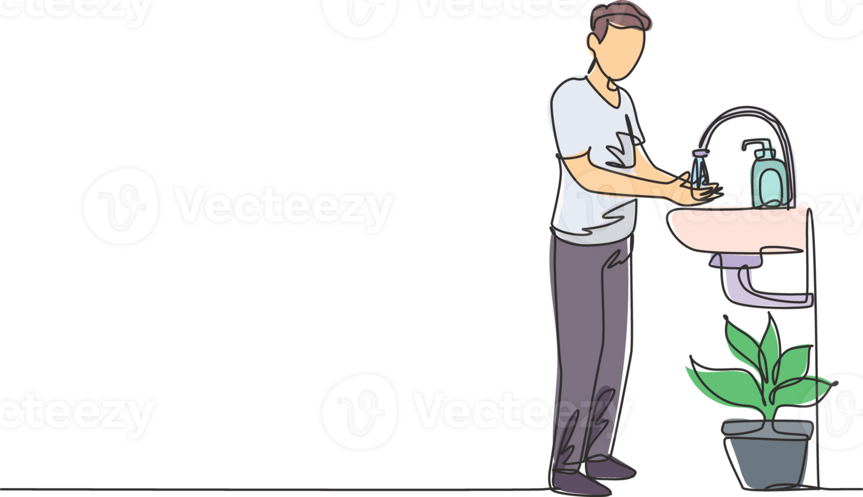 Single continuous line drawing a man washes his hands in the sink, there is a soap dispenser by the faucet and there is a pot of plants under the sink. One line draw graphic design illustration png
