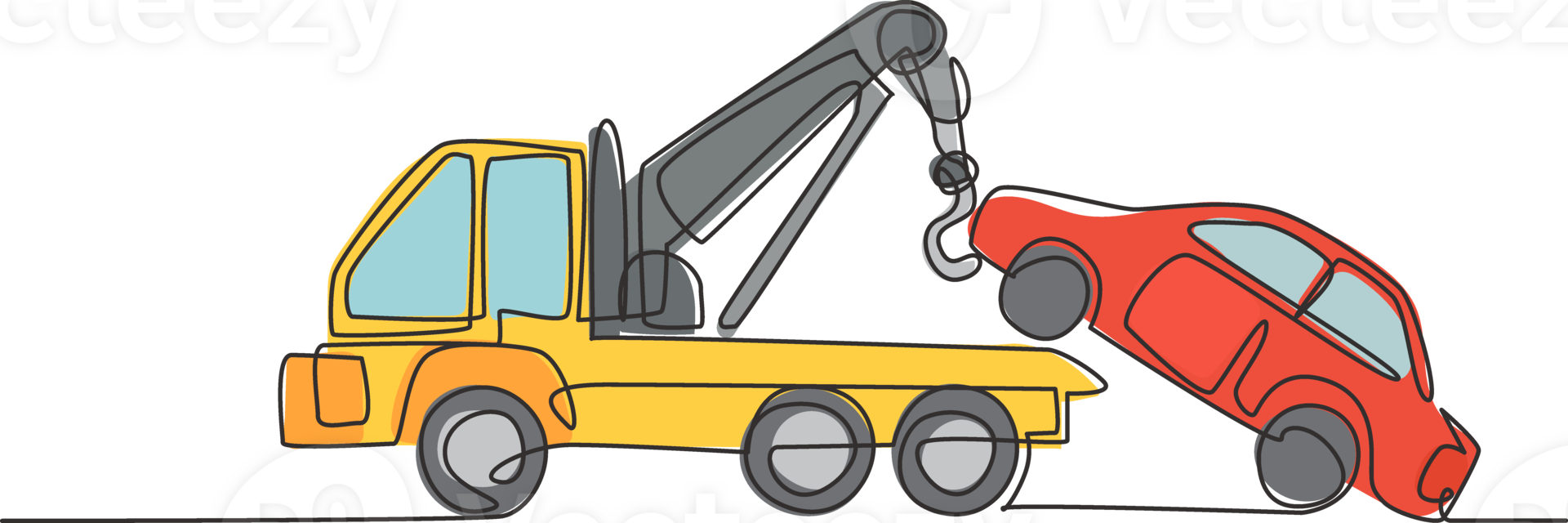 Continuous one line drawing tow truck is lifting the broken car to be lifted onto it using the crane. The car was damaged in a traffic accident. Single line draw design graphic illustration. png