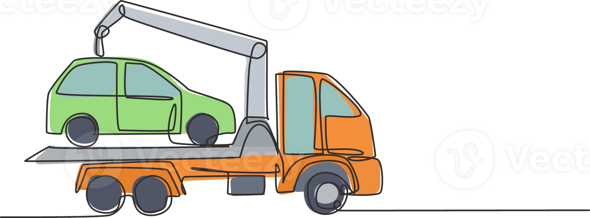 Single continuous line drawing tow truck is transporting a broken car on top of it with a crane. The car is taken to the garage for service. Dynamic one line draw graphic design illustration. png