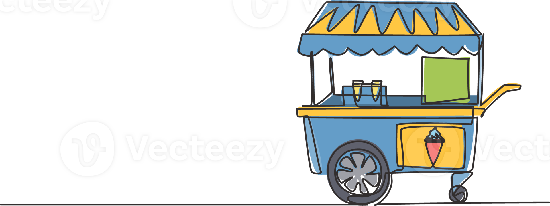 Continuous one line drawing of an ice cream booth at an amusement park using a two-wheeled cart. Delicious and yummy summertime dessert concept. Single line draw design graphic illustration. png