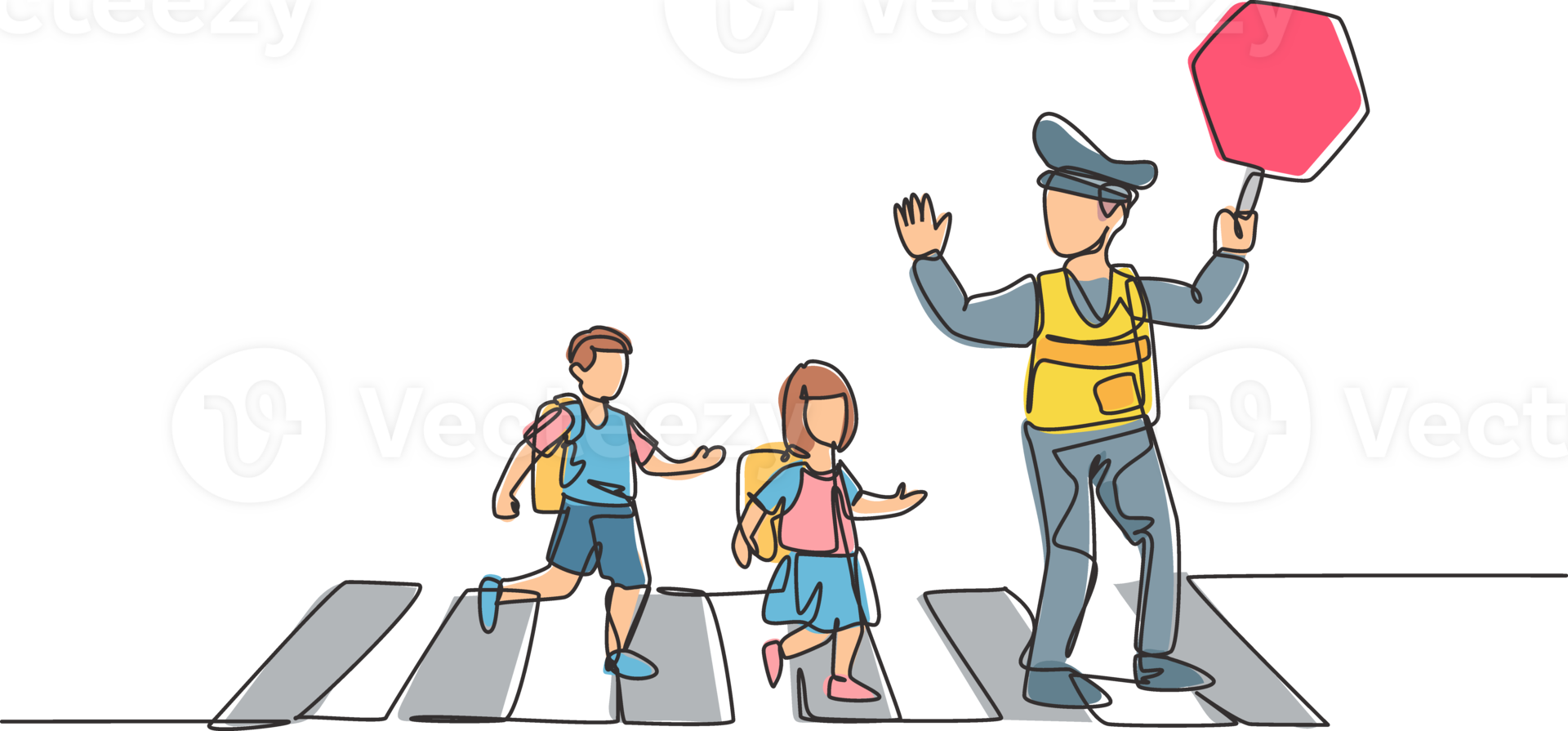 Continuous one line drawing of primary school students crossing the road on the zebra crossing are helped by traffic police holding stop signs. Single line draw design graphic illustration. png