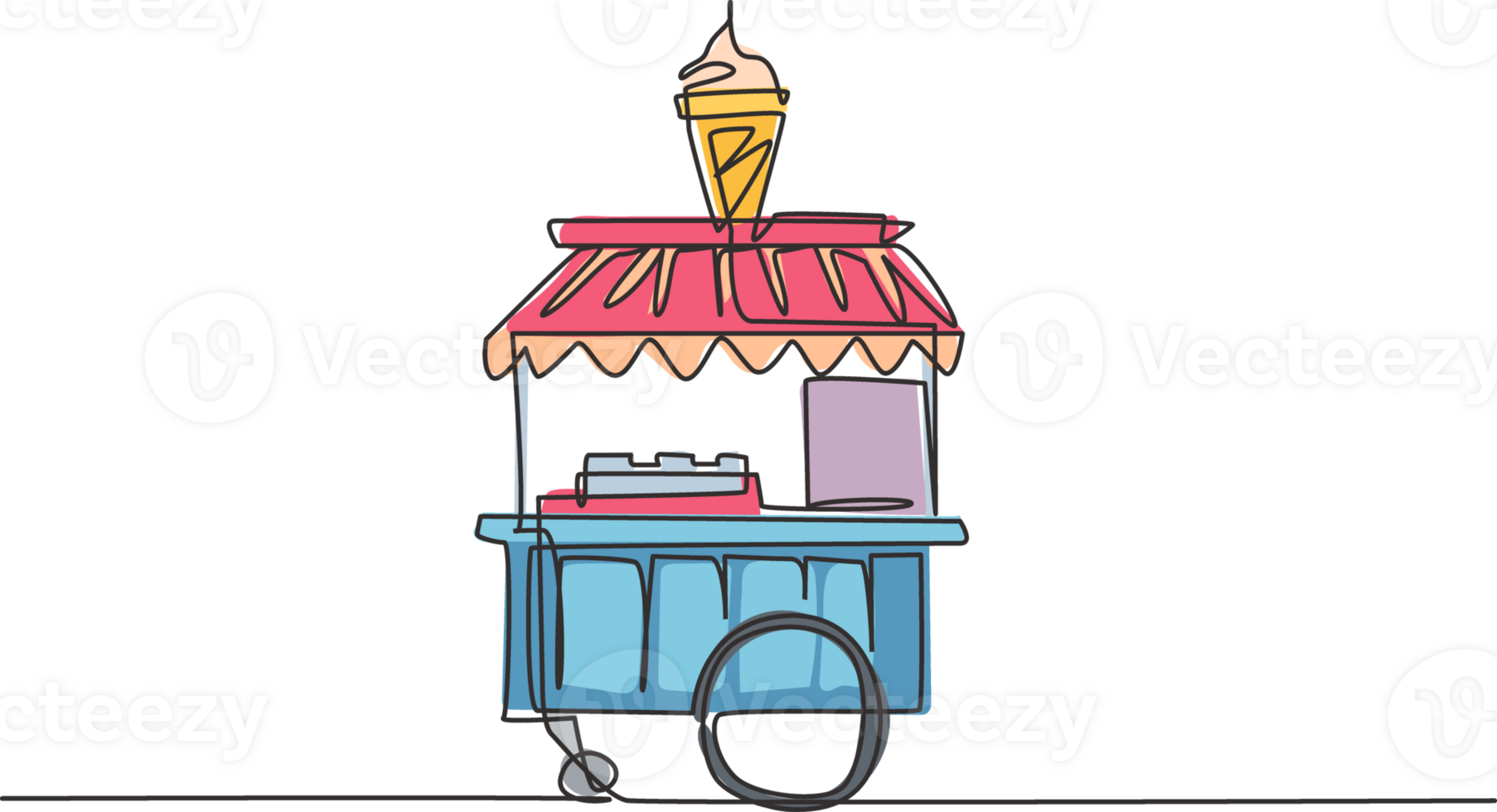 Single one line drawing of ice cream booth at amusement park using a two-wheeled cart with an ice cream logo. Sweet and very tasty food concept. Continuous line draw design graphic illustration png