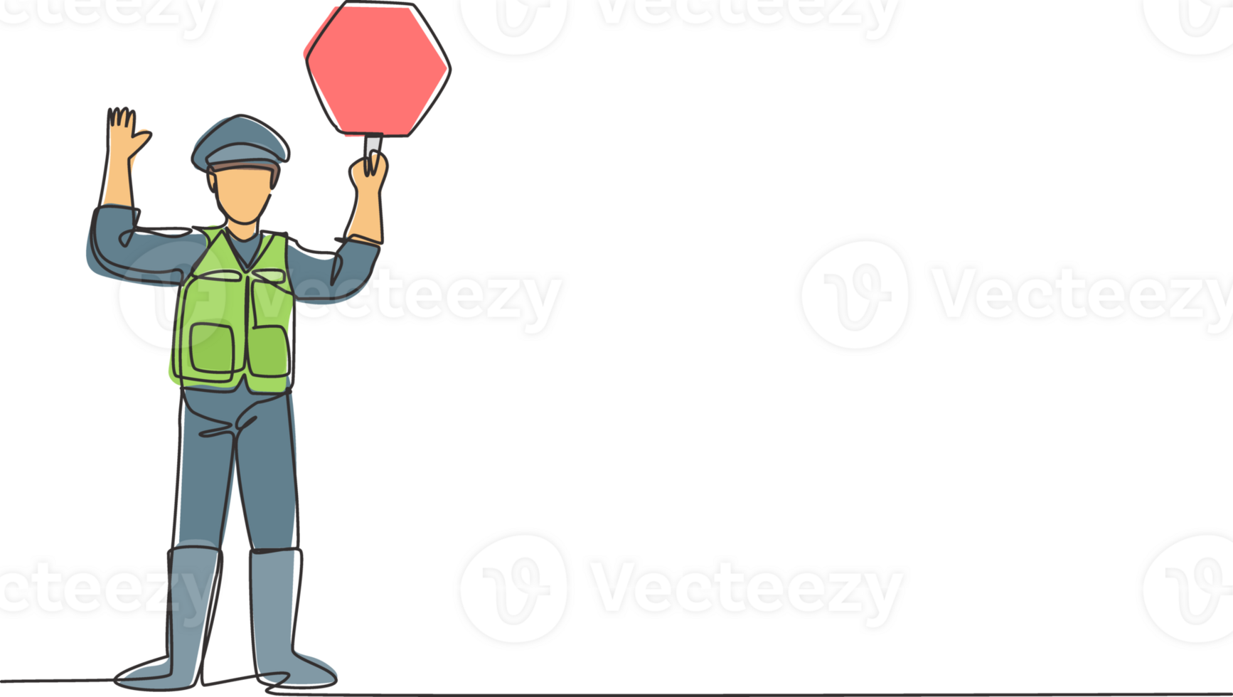 single doorlopend lijn tekening politieagent in vol uniform en hijs- verkeer tekens zijn controlerend de drukte van voertuigen gedurende stormloop uur. dynamisch een lijn trek grafisch ontwerp illustratie. png