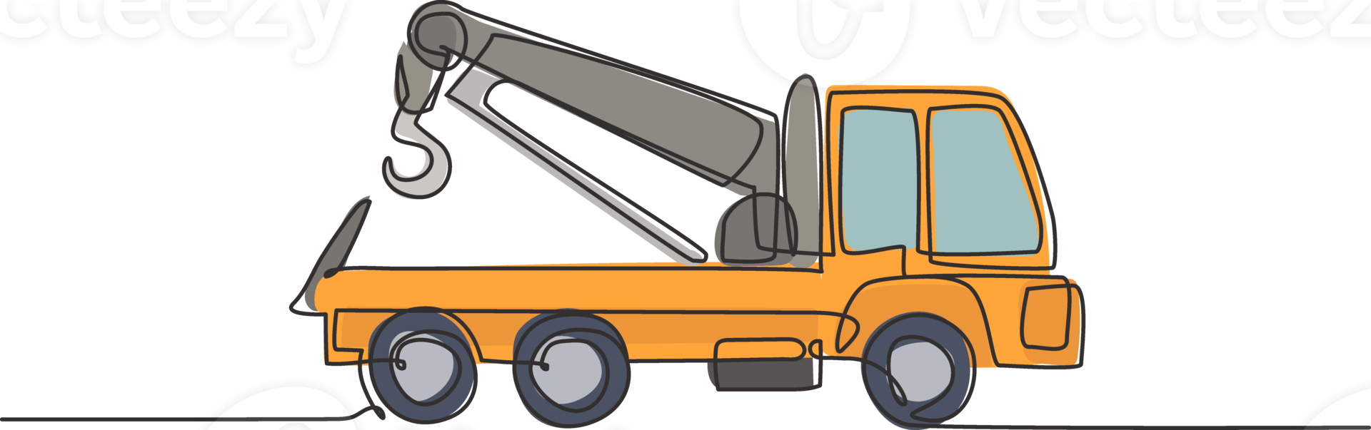 Single continuous line drawing the tow truck seen from the side is ready to help the driver whose car is damaged on the highway. Insurance facility. One line draw graphic design illustration. png
