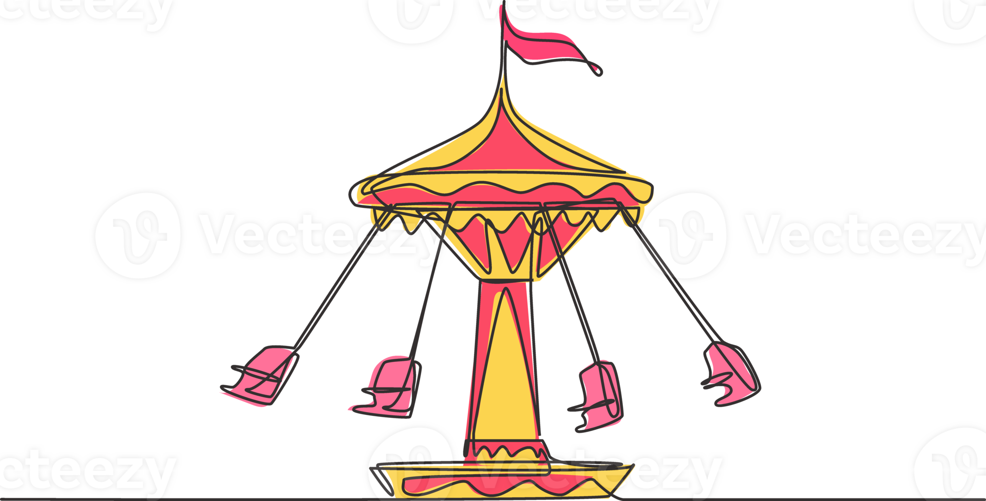 Continuous one line drawing wave swinger in the amusement park with four seats and a flag above. The passengers can swing around in the sky. Single line drawing design, graphic illustration. png
