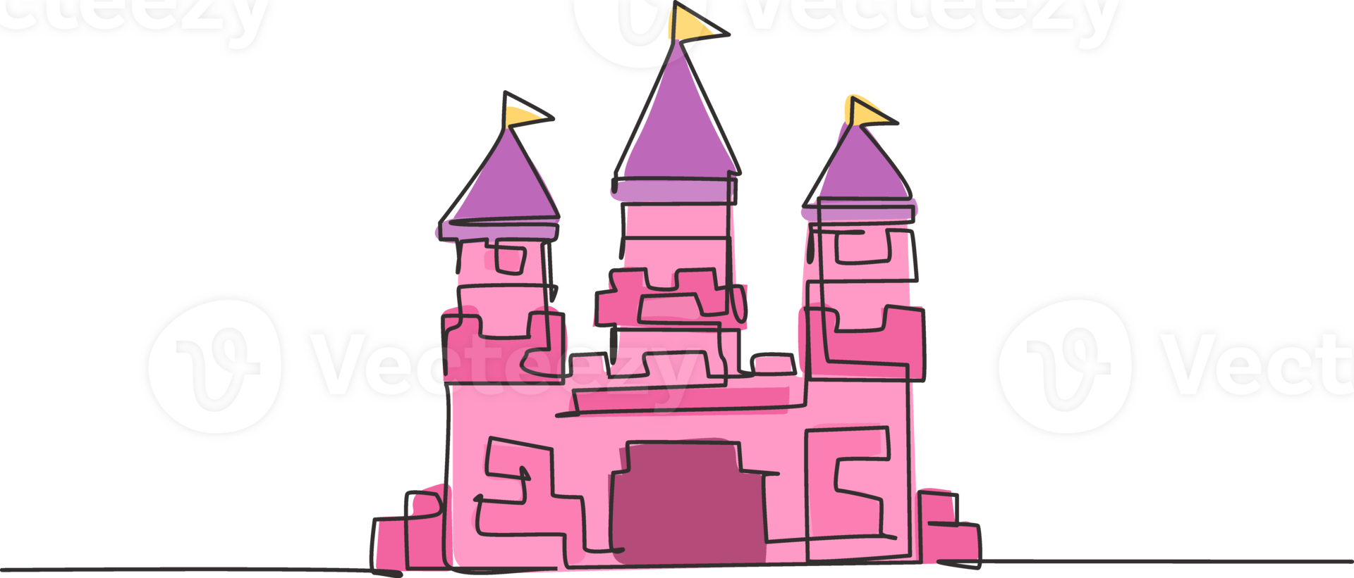 Single continuous line drawing a castle in an amusement park with three towers and a flag on each roof. Fort building that tells of life in a kingdom. One line draw graphic design illustration png