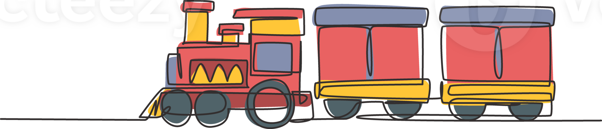 Single one line drawing of a train locomotive with two carriages in the form of a roving steam system in amusement park to transport passengers. Continuous line draw design graphic illustration png