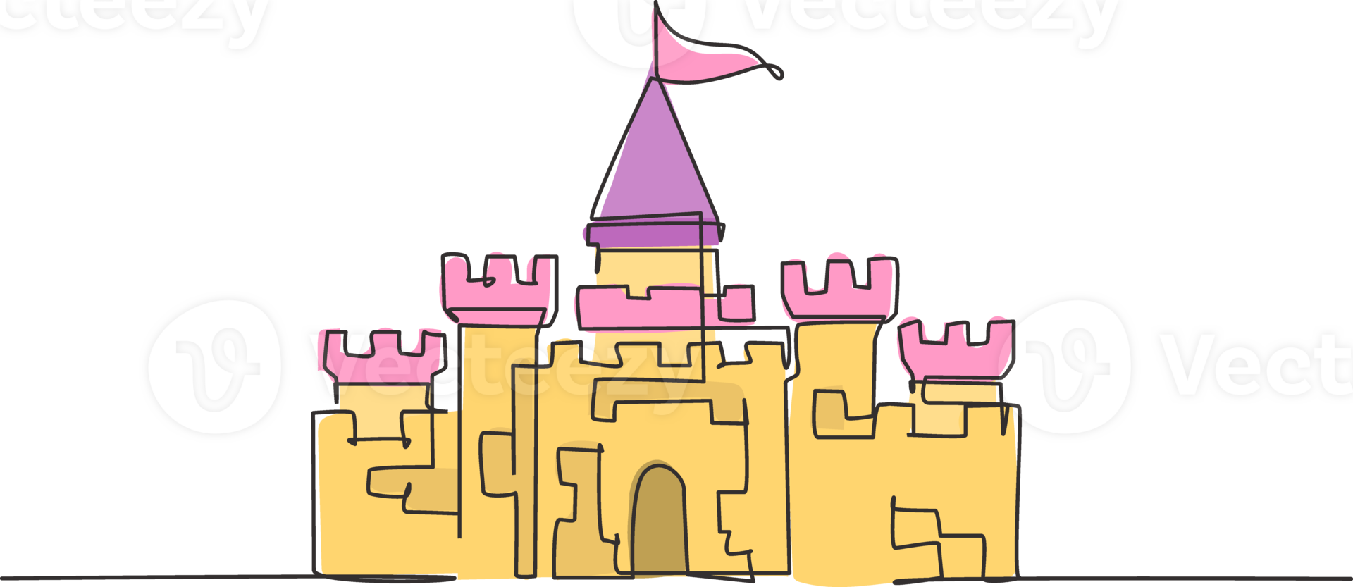 Continuous one line drawing, a castle in an amusement park with five towers and one flag above it. A palace where a happy royal family lived. Single line draw design graphic illustration. png