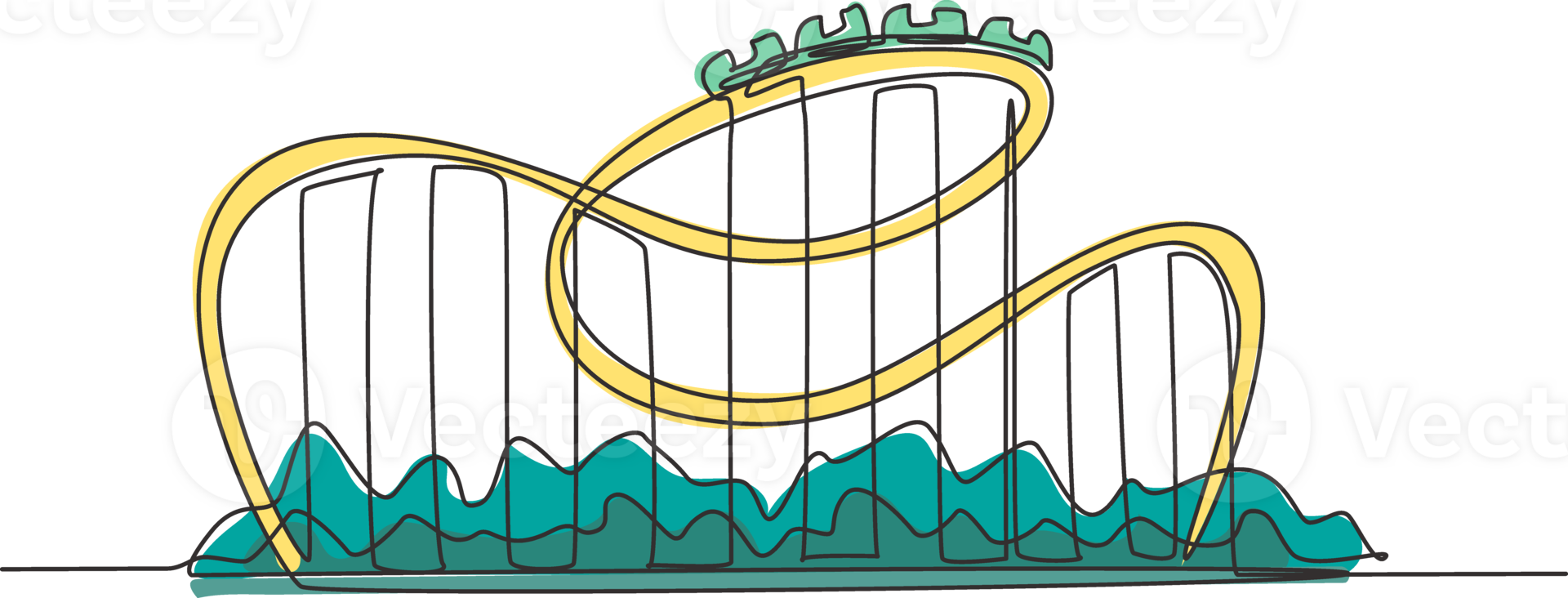 Single continuous line drawing of a roller coaster in amusement park with a track high into the sky. The passenger screamed while moving at high speed. One line draw graphic design illustration png