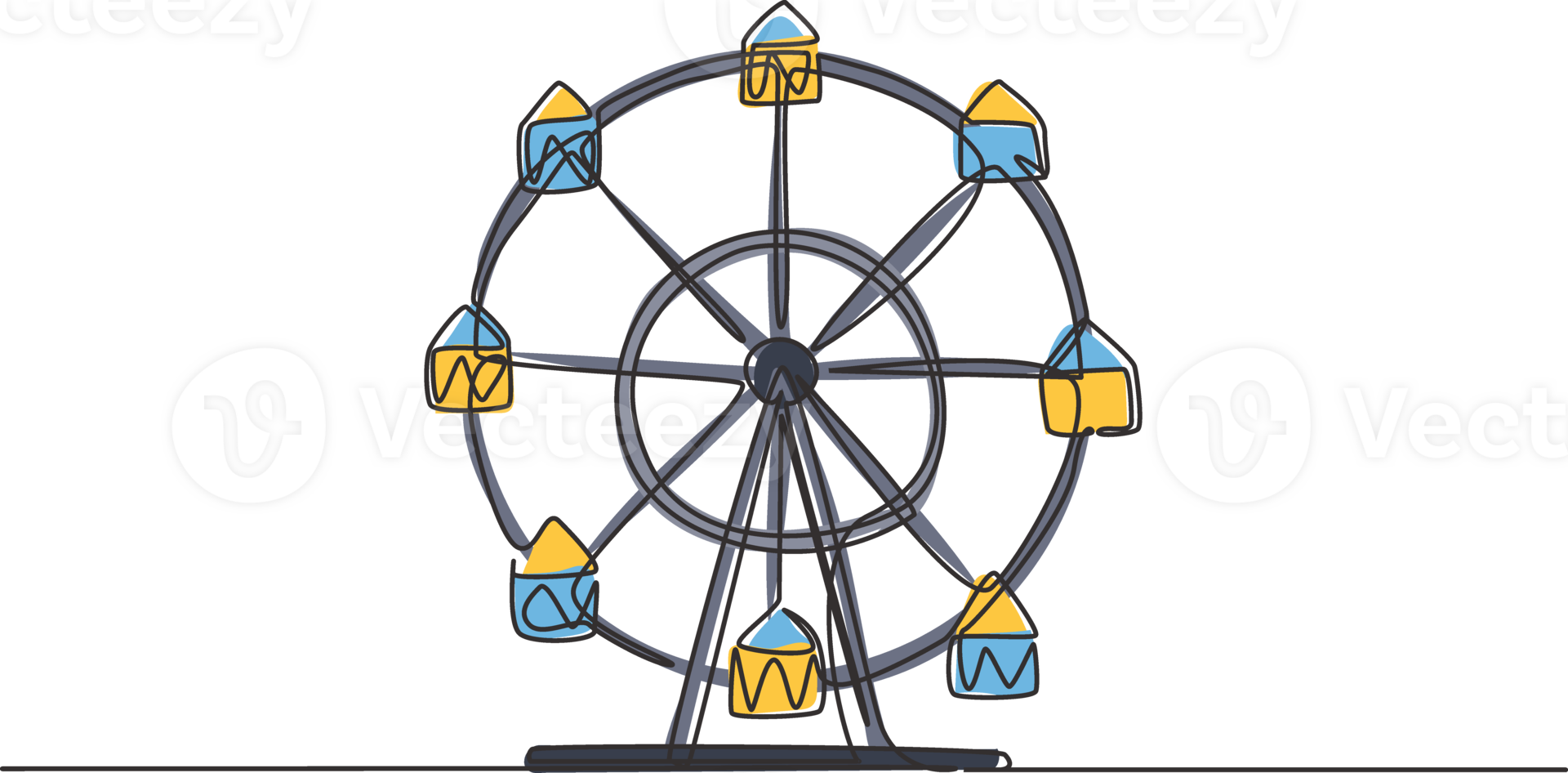 Continuous one line drawing of a ferris wheel in an amusement park, a circular circle turning high in the sky. Fun play at public funfair festival. Single line draw design graphic illustration png