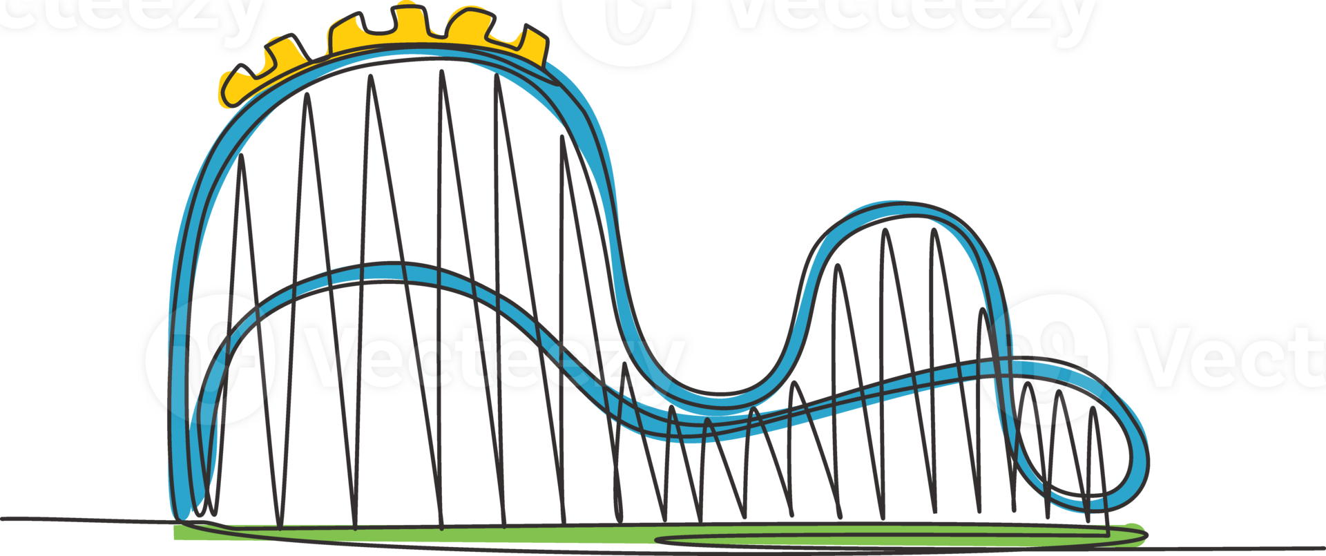 Single continuous line drawing of a roller coaster in an amusement park with a track high into the sky. Funfair festival play in outdoor concept. One line draw graphic design illustration. png