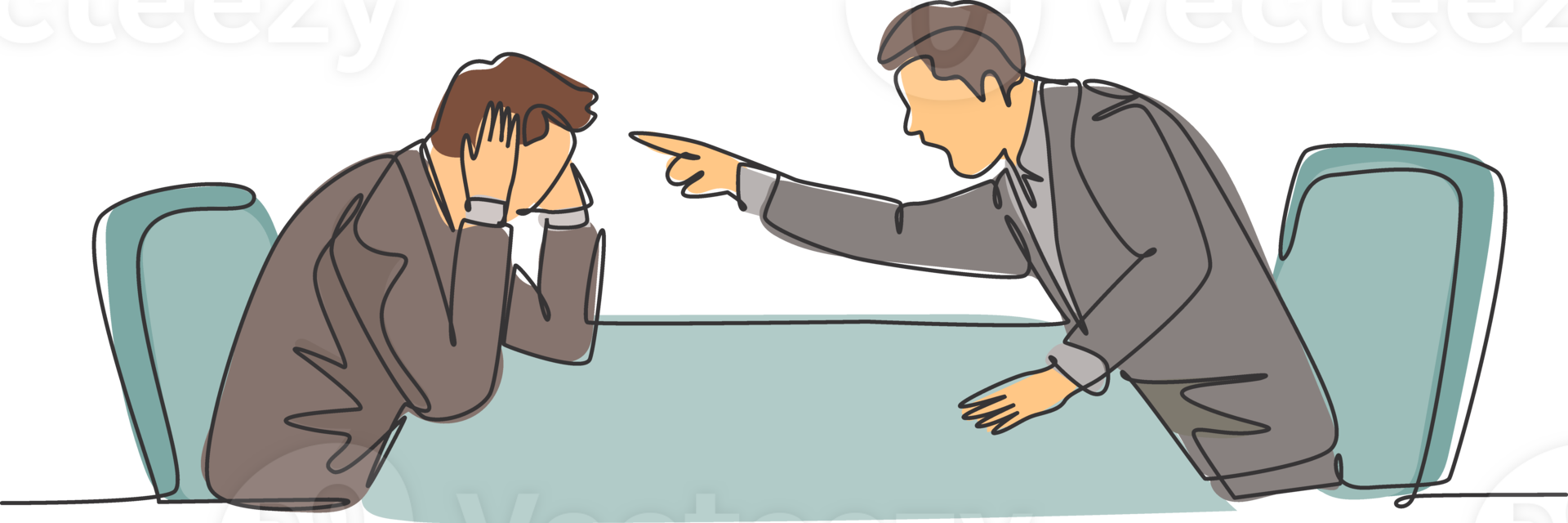 One single line drawing of young furious manager pointing finger to his frustrated staff and blaming the staff about bad work performance concept. Continuous line draw design illustration png