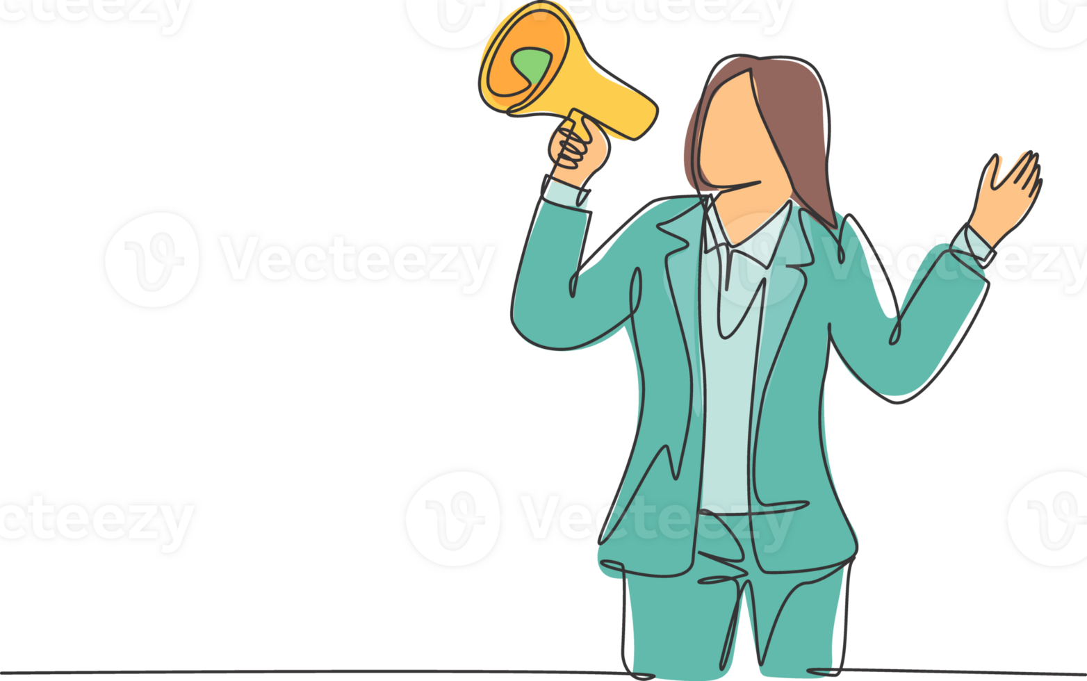 Single continuous line drawing of young angry businesswoman shouting loudly using megaphone to train her speak. Public speaking practice concept one line draw graphic design illustration png