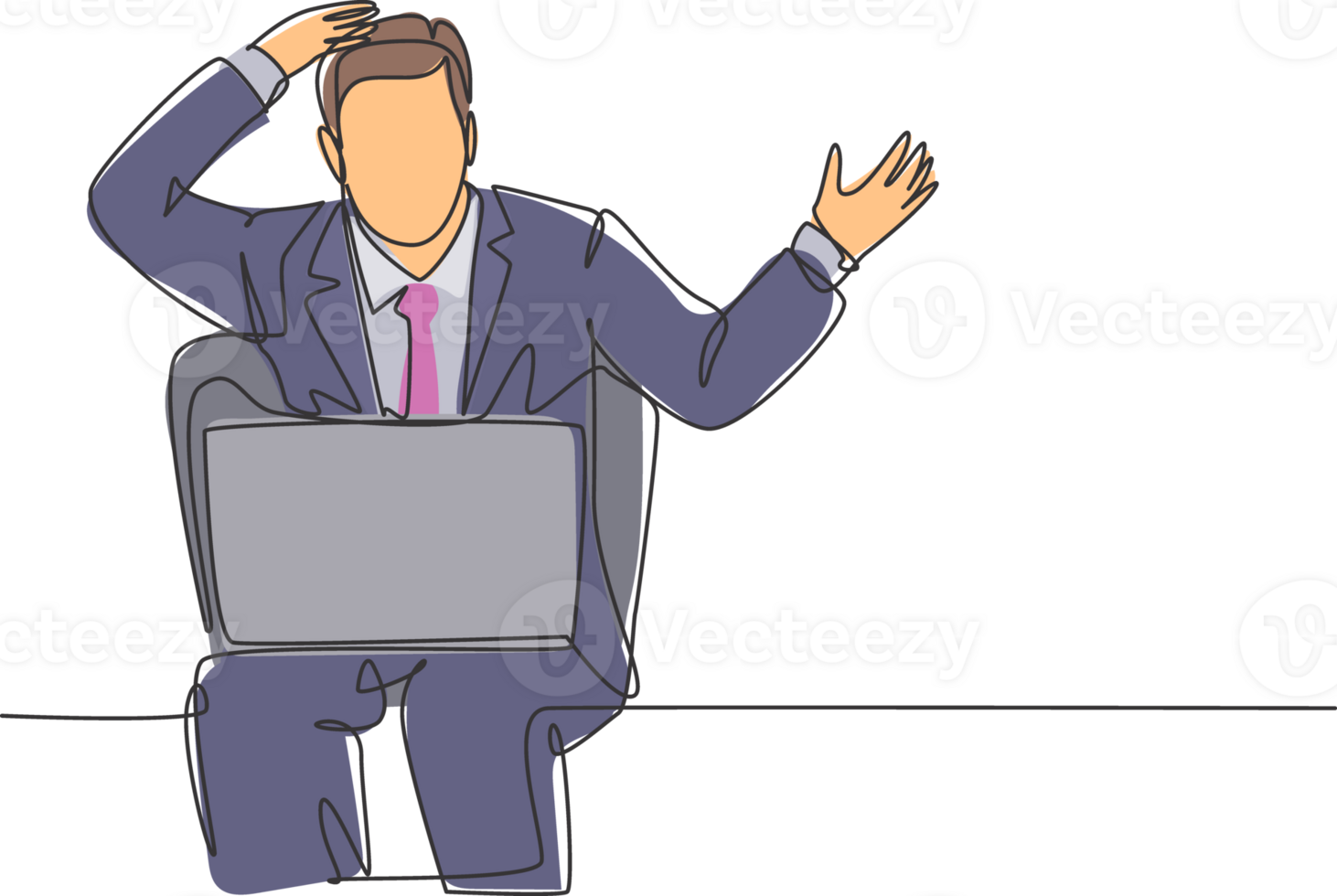 One single line drawing of young confused businessman sitting on the chair and watching bad sales performance data on his laptop. Business risk concept continuous line draw design illustration png