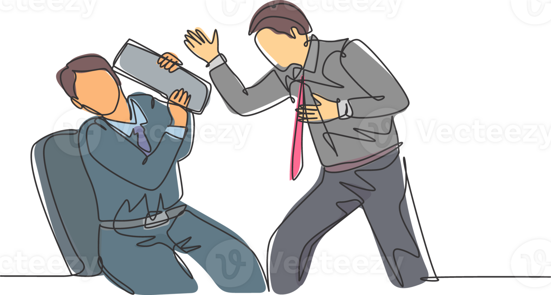 One continuous line drawing of young rage manager screaming on the face of his staff after the staff made fatal mistakes. Work problem concept single line graphic draw design illustration png