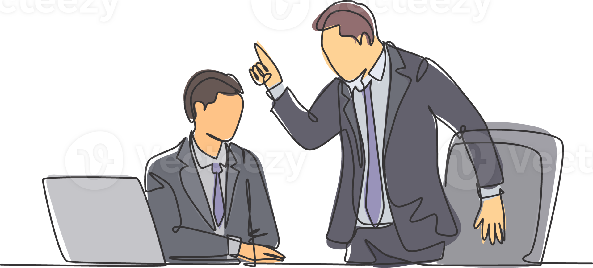 One single line drawing of young upset manager asking staff about sales data performance mistakes. Work problem at the office concept. Trendy continuous line draw design graphic illustration png