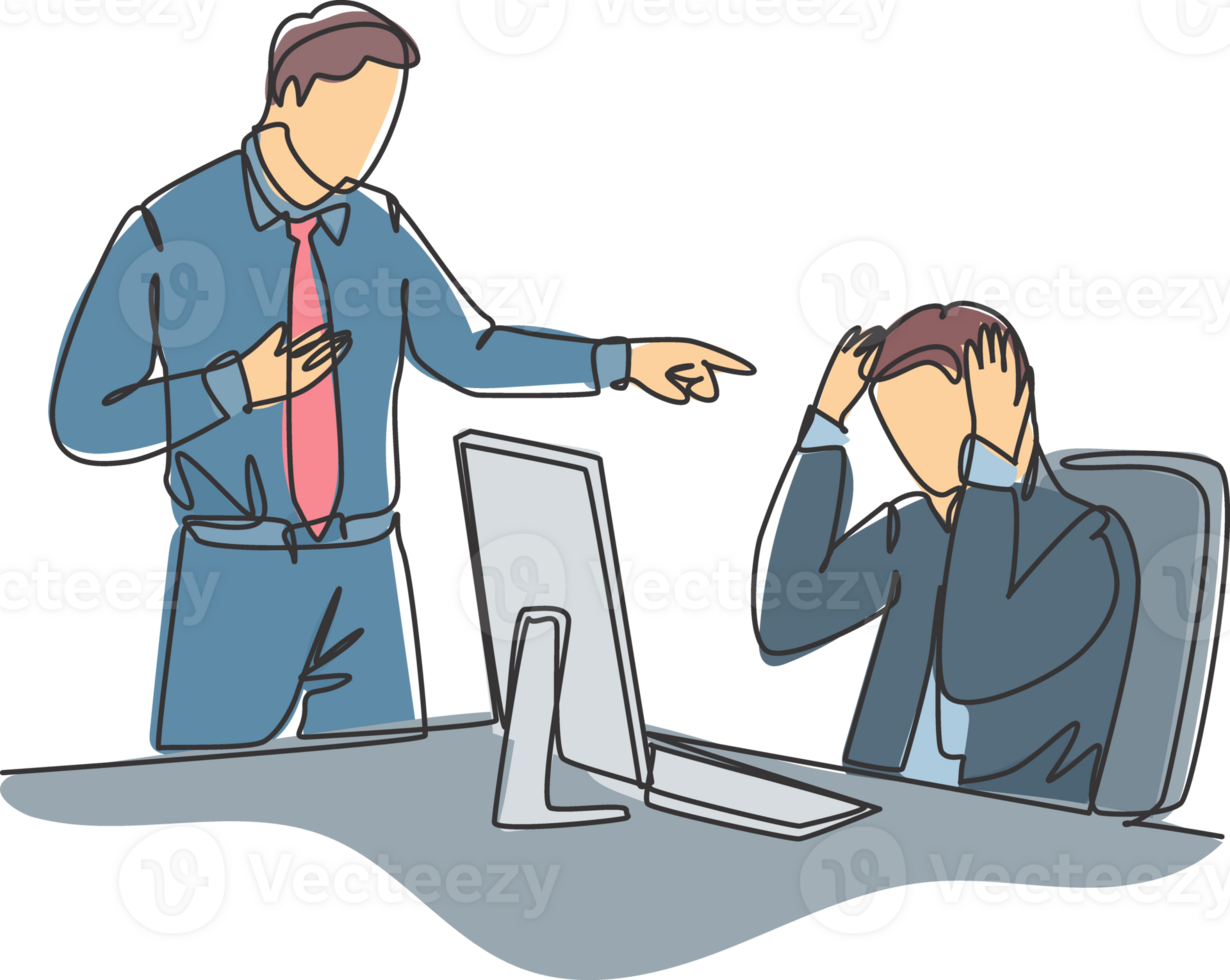One single line drawing of young upset manager pointing finger to his stressful staff and blaming the staff about bad work performance. concept continuous line draw design graphic illustration png