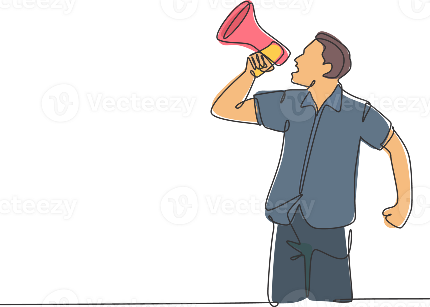 Single continuous line drawing of young eagerness businessman shouting loudly using megaphone to train his speak. Public speaking practice concept one line draw design graphic illustration png