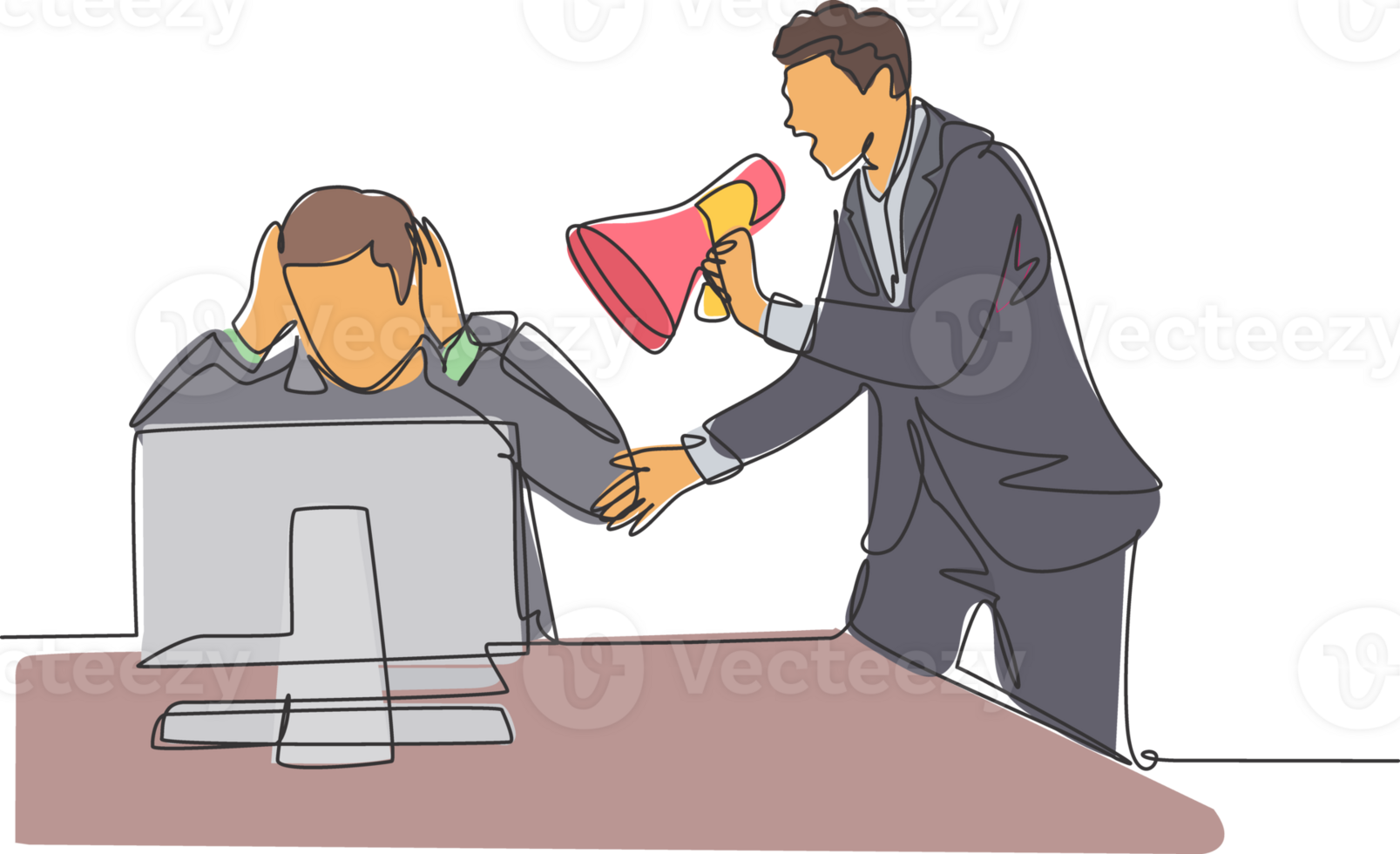 Single continuous line drawing of young frustrated manager shouting his frightened male staff using megaphone. Work pressure at the office concept one line draw design graphic illustration png