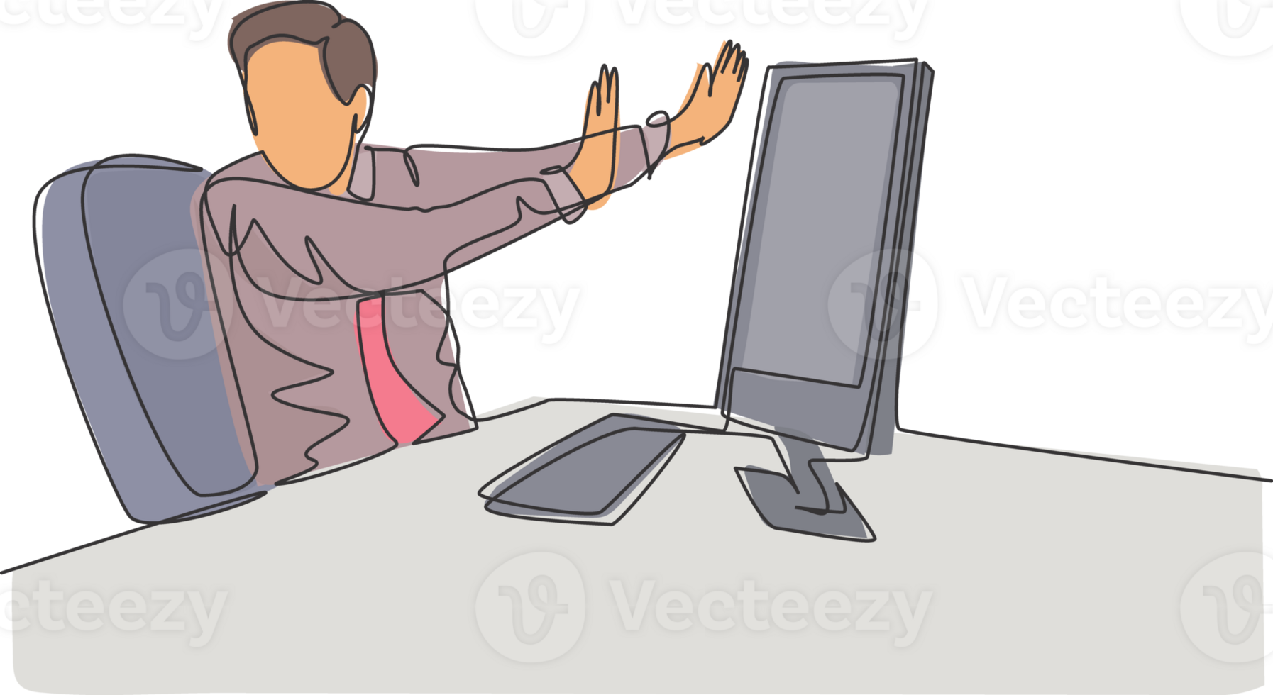 One continuous line drawing of young frightened businessman keep of himself from monitor computer because of traumatize. Work psychological concept single line draw design graphic illustration png