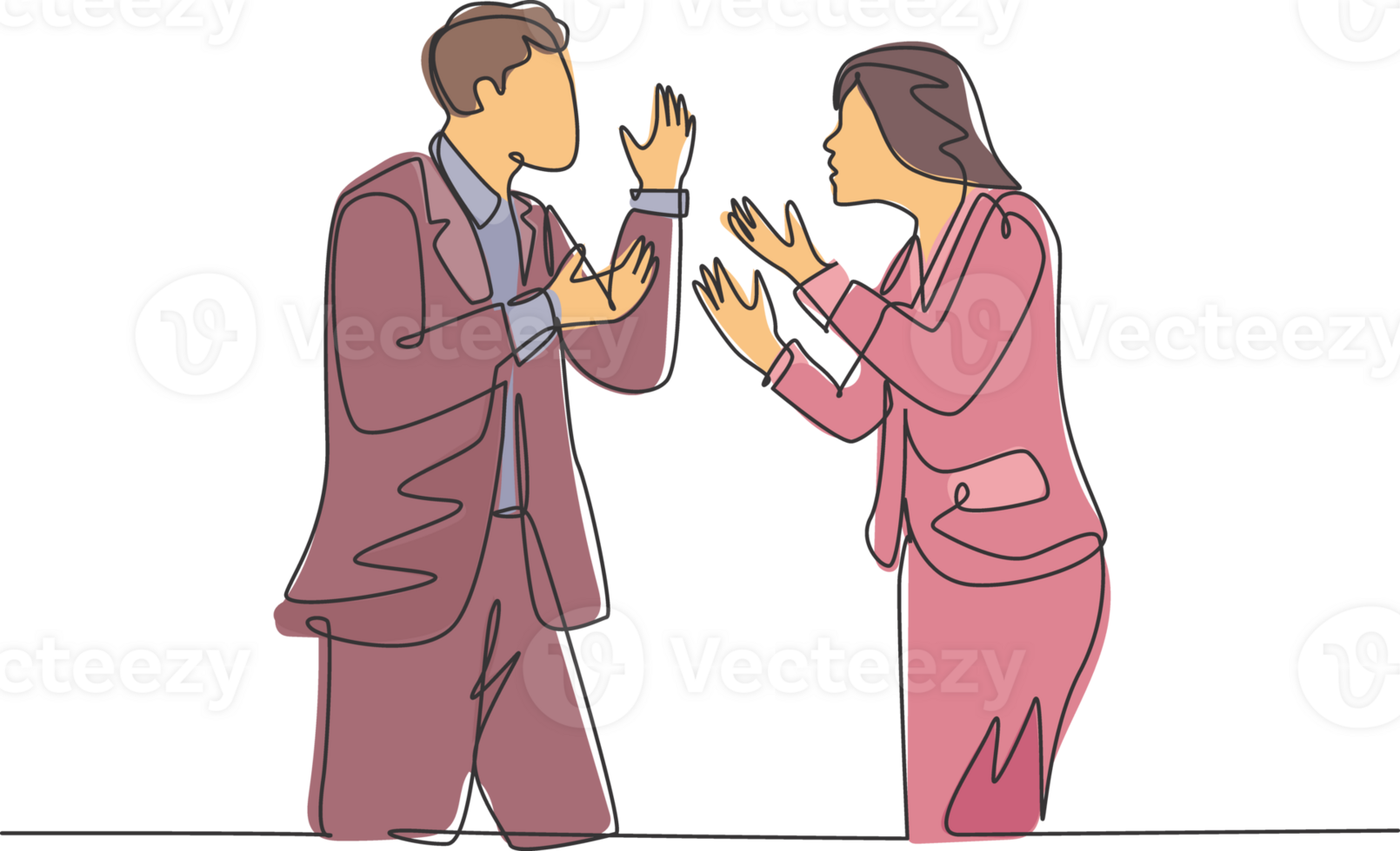Single continuous line drawing of young angry businessman and businesswoman debating business project at the office. Business deal failure concept one line graphic draw design illustration png