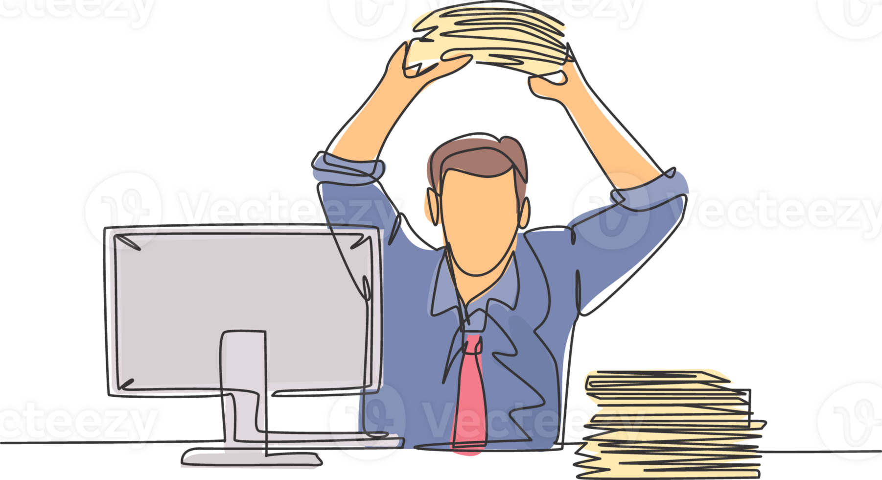 One single line drawing of young madness worker ready to throw file folders to the monitor computer on desk. Work office overload concept continuous line draw design graphic illustration png