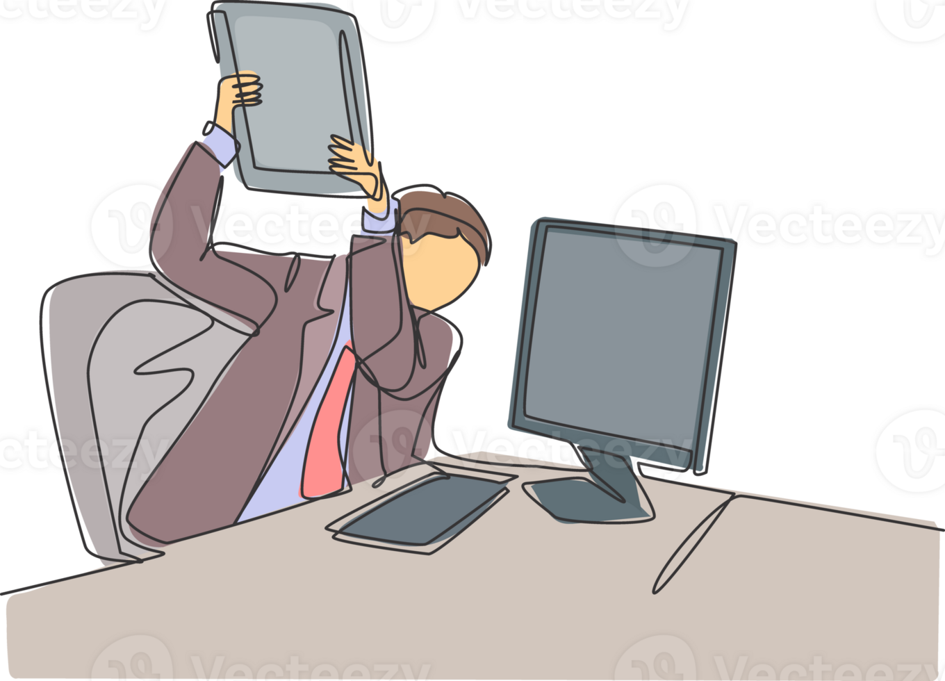 One single line drawing of young furious male worker ready to smash monitor computer using file folder. Work overload at the office concept continuous line draw design graphic illustration png