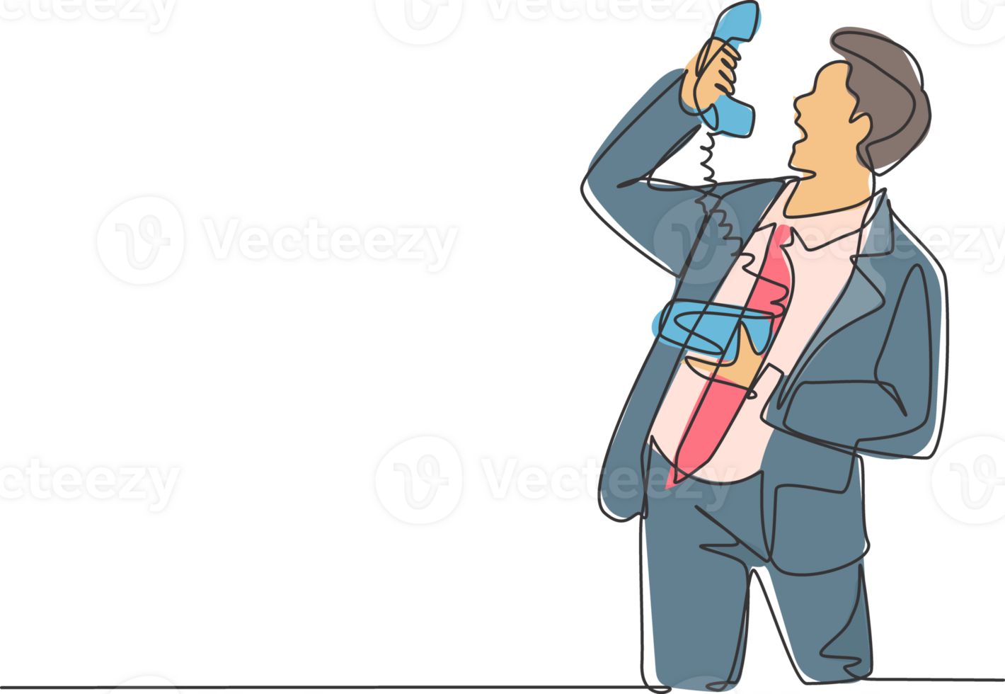 One continuous line drawing of young angry businessman shouting his staff on phone to give him a lesson. Furious business problem concept. Trendy single line draw graphic design illustration png