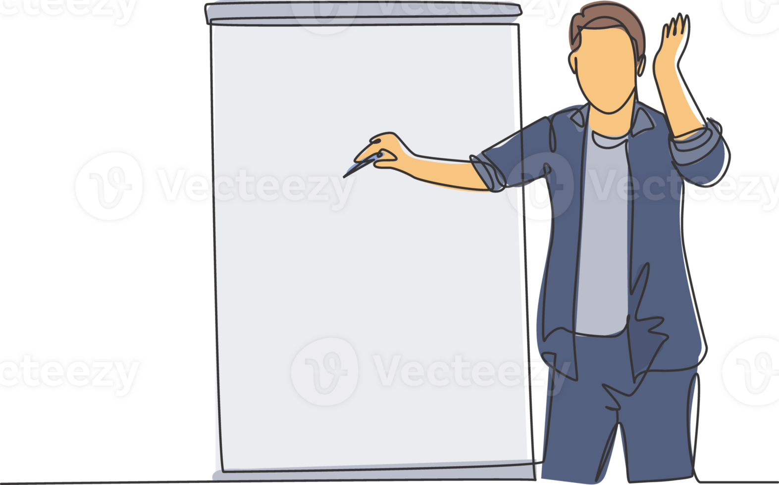 One continuous line drawing of young presenter pointing finger on audience who want to ask while doing presentation. Workshop presentation concept single line draw design graphic vector illustration png