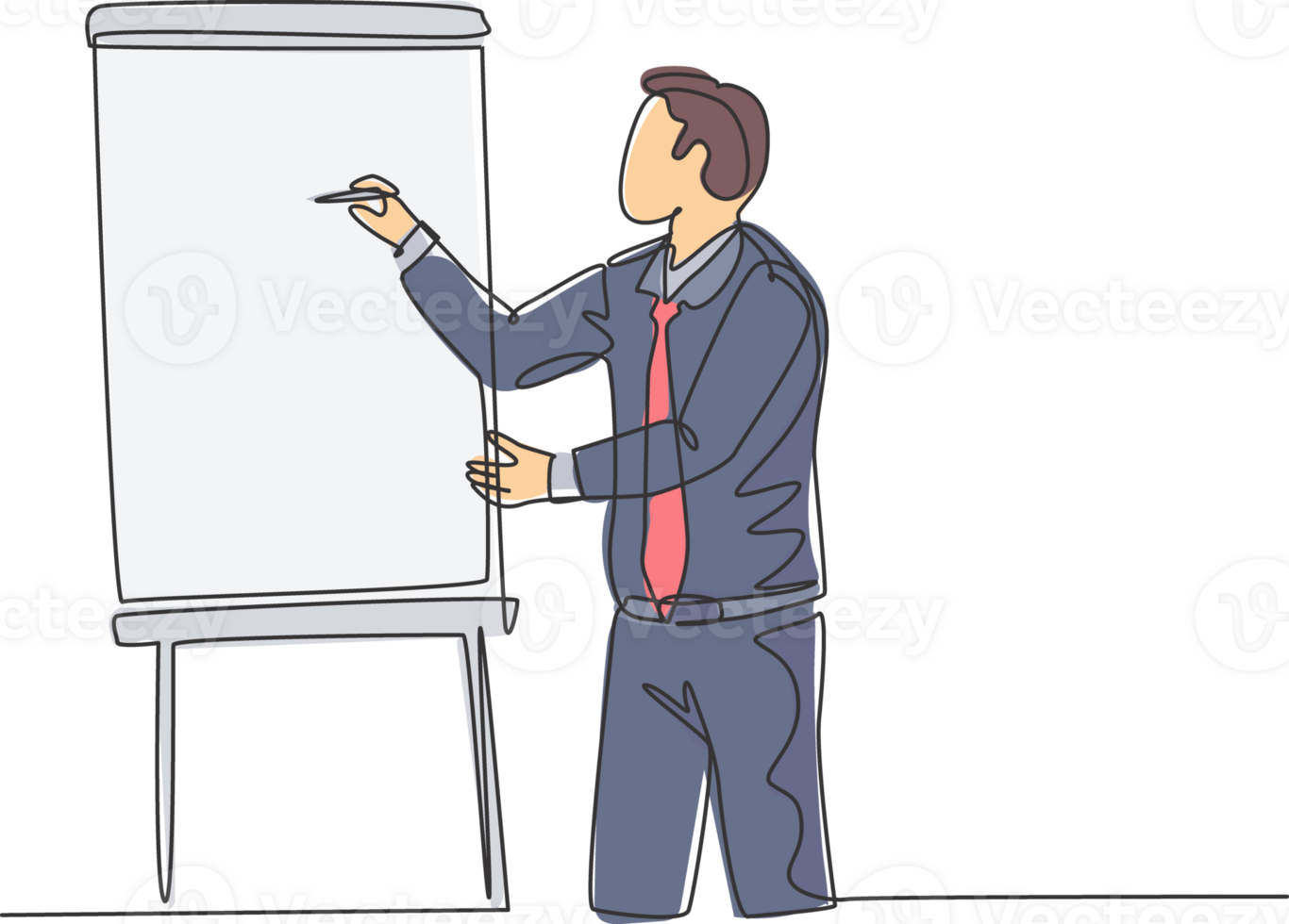 Single continuous line drawing of young businessman pointing the infographic on screen board using a marker. Business presentation at the office concept. Trend one line draw design illustration png