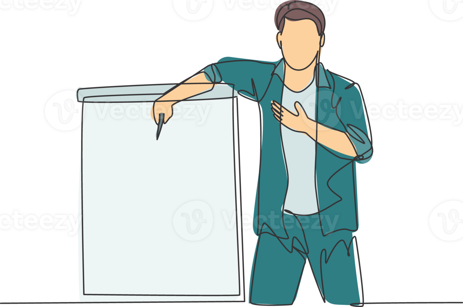 One continuous line drawing of young startup CEO present new golden rules of company at team meeting. Workshop presentation at the office concept single line draw design graphic illustration png