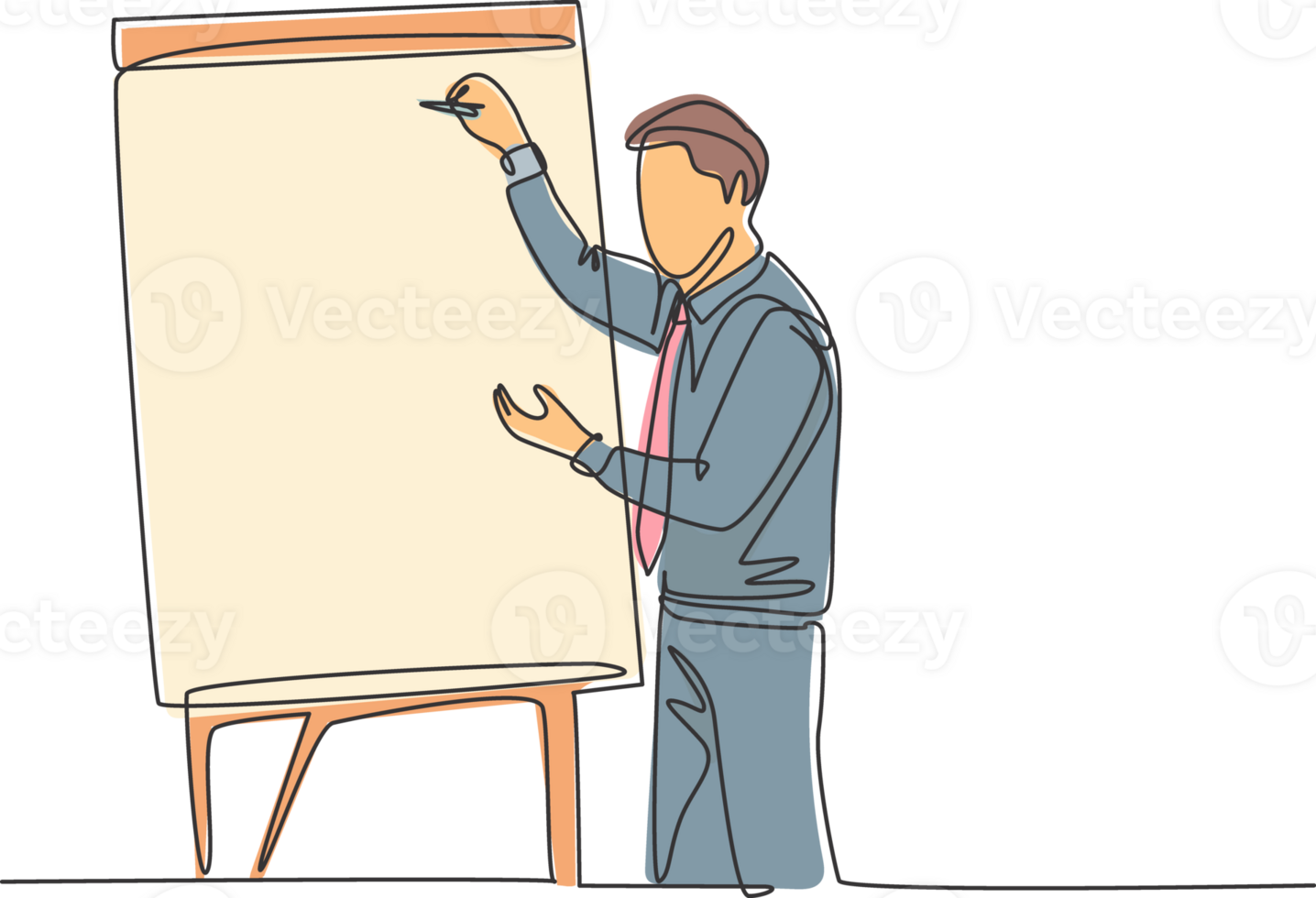 Single continuous line drawing of young business coach writing strategy to increase company growth on flip chart in front of class. Business coaching concept one line draw design illustration png