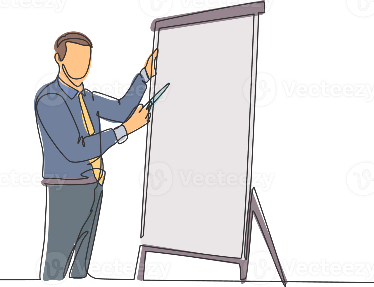 One continuous line drawing of young manager writing business success formula on flip chart and share it to audience. Business training concept single line draw design illustration png