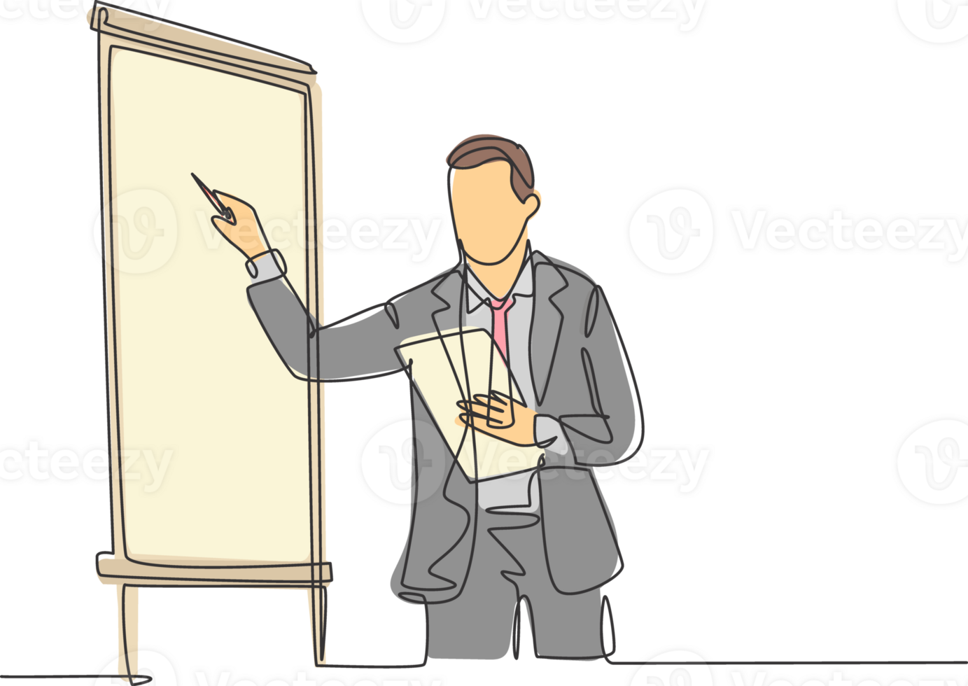 One continuous line drawing of businessman presenter drawing graph chart on screen board while on meeting. Business presentation at the office concept single line draw design illustration png