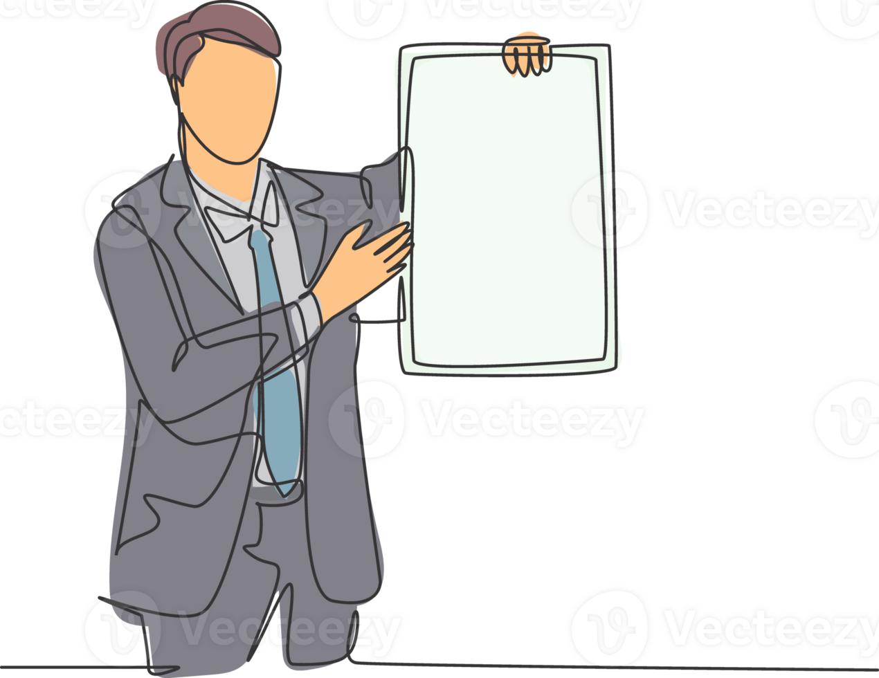 Single continuous line drawing of young presenter giving instruction using little blackboard while meeting at the office. Work presentation concept one line draw design graphic illustration png