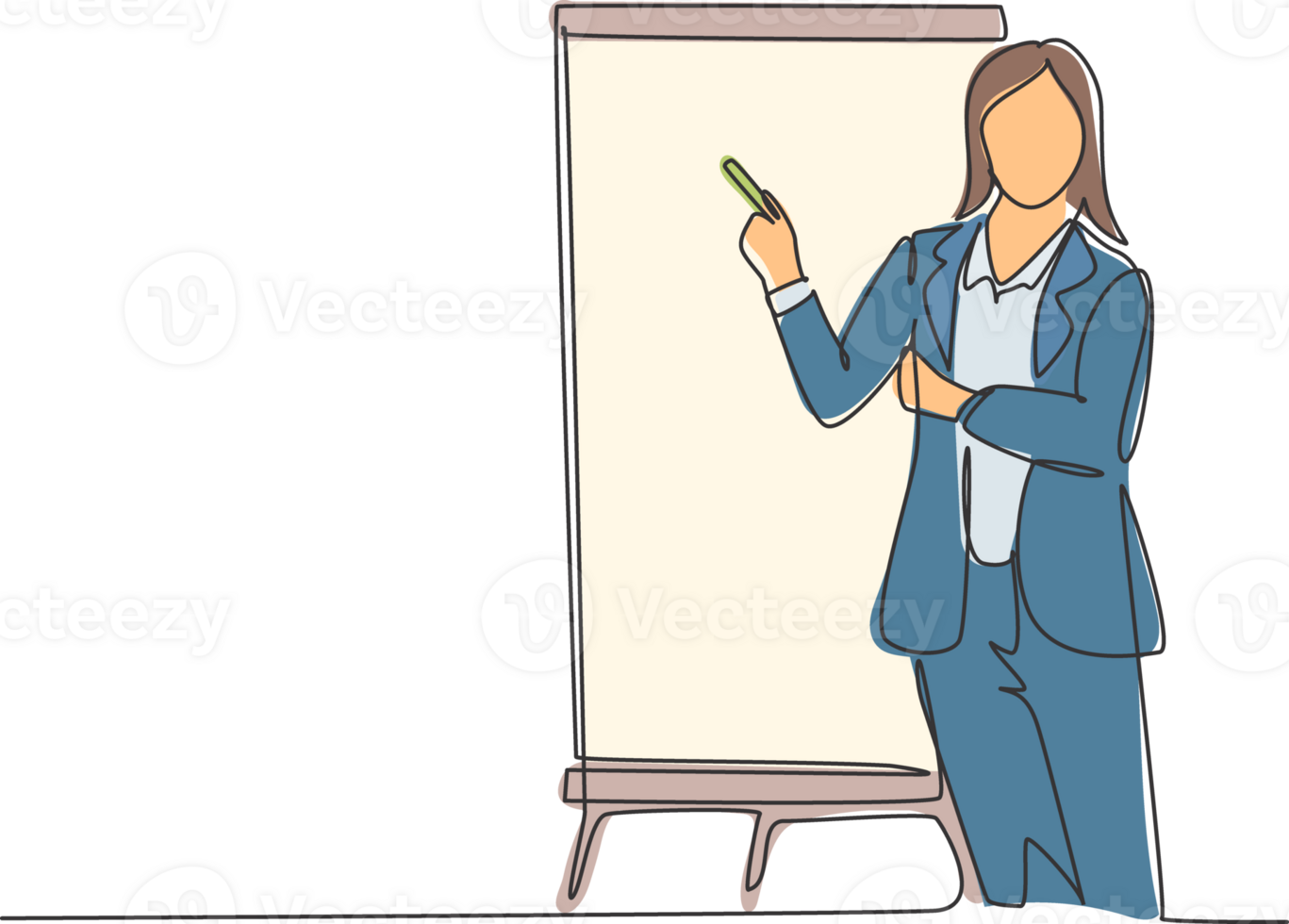 One single line drawing of young female presenter thinking while doing presentation at the office during meeting. Work presentation concept continuous line draw graphic design illustration png