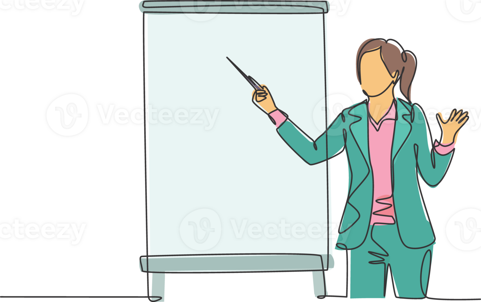 One single line drawing of young female presenter pointing the finger to screen with marker. Business presentation at the office concept. Trendy continuous line draw design graphic illustration png