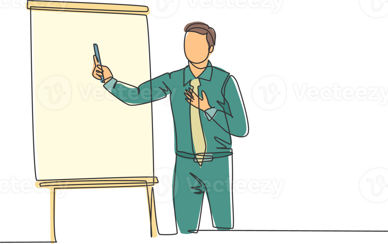 One single line drawing of young presenter explaining business strategy during team meeting. Effective training presentation for work office concept continuous line draw design illustration png