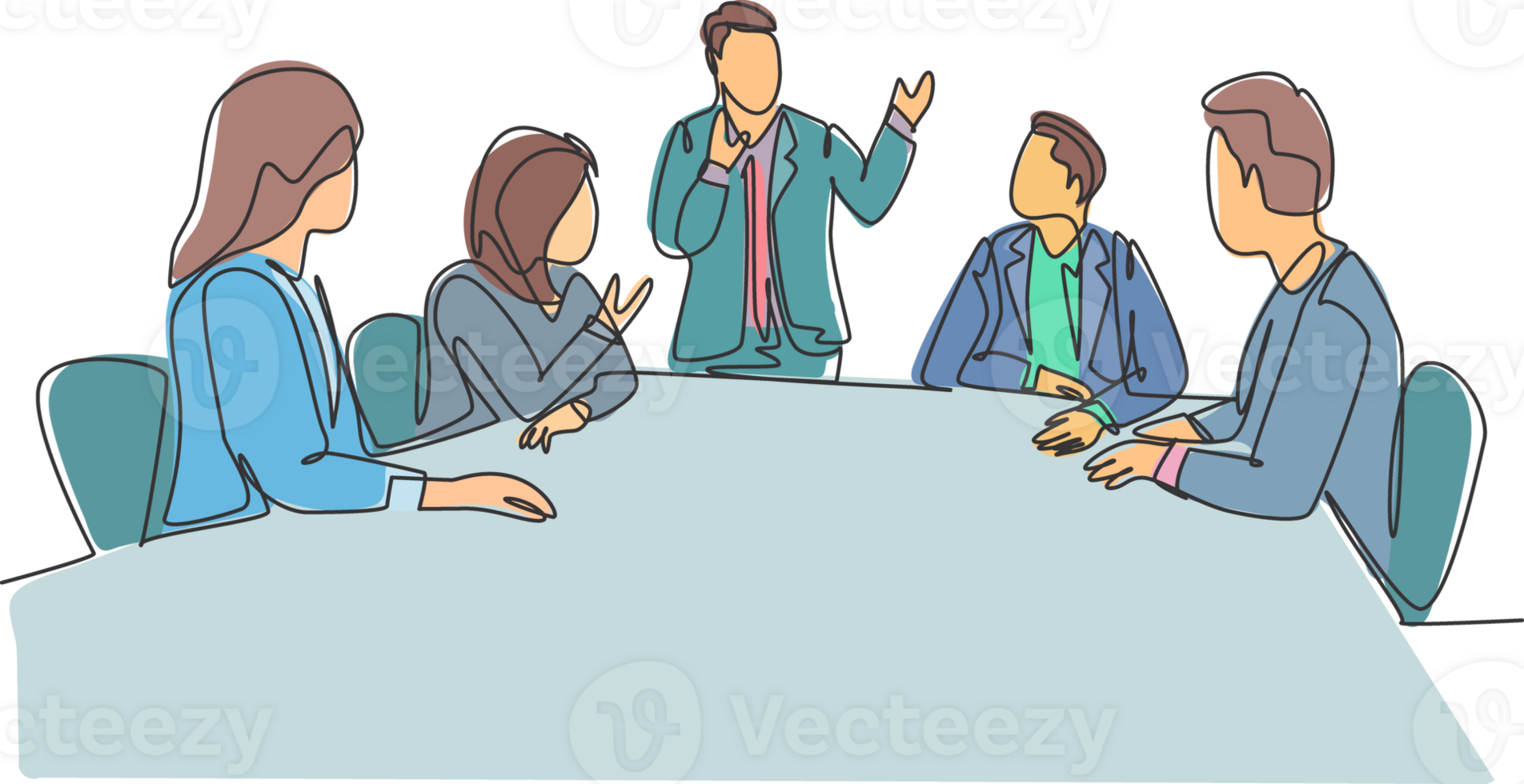One continuous line drawing of young happy board of directors discussing company profit sharing during meeting. Business training concept. Trendy single line draw design graphic illustration png