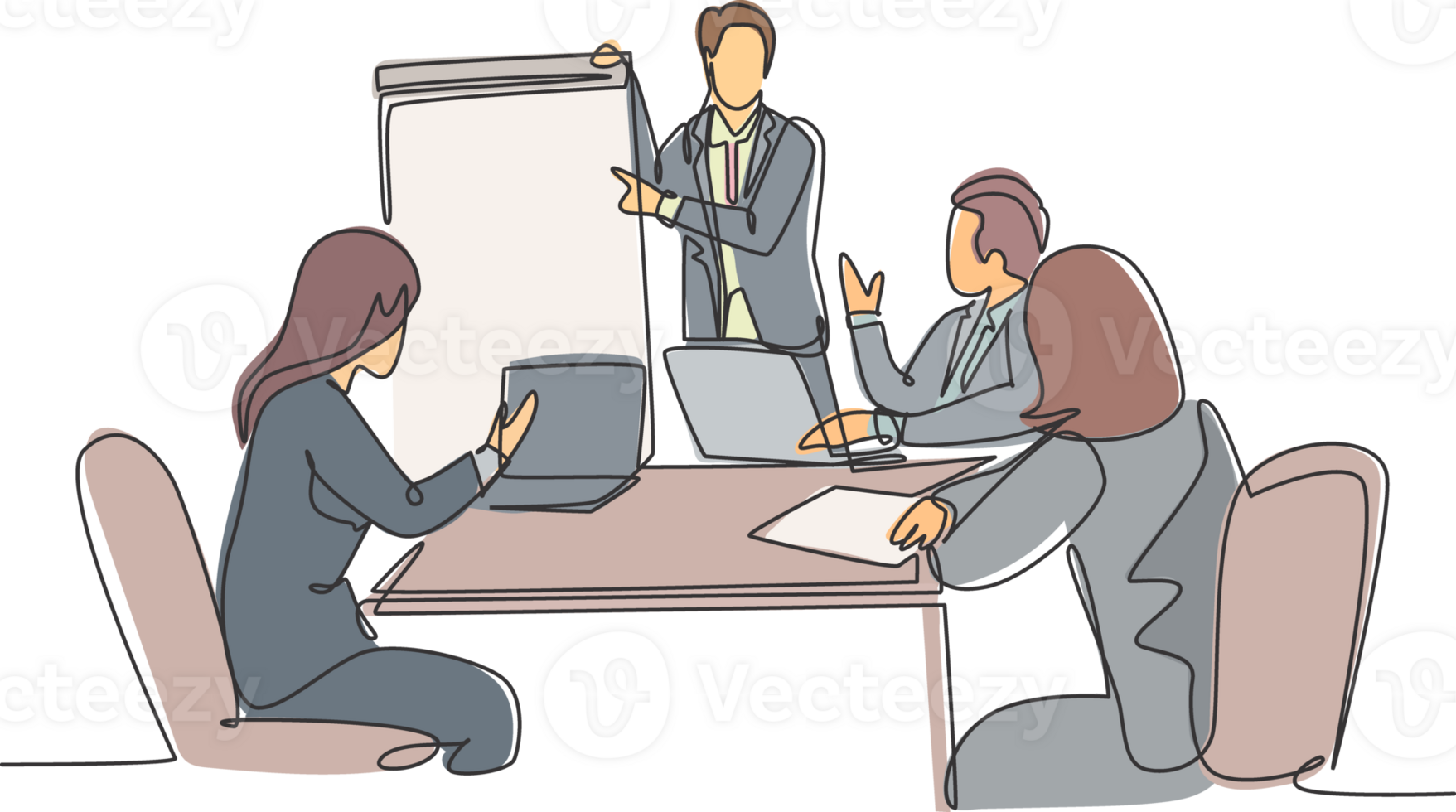 One continuous line drawing of young happy instructor presenting marketing strategy at the office discussion. Sales improvement meeting concept single line draw design graphic illustration png