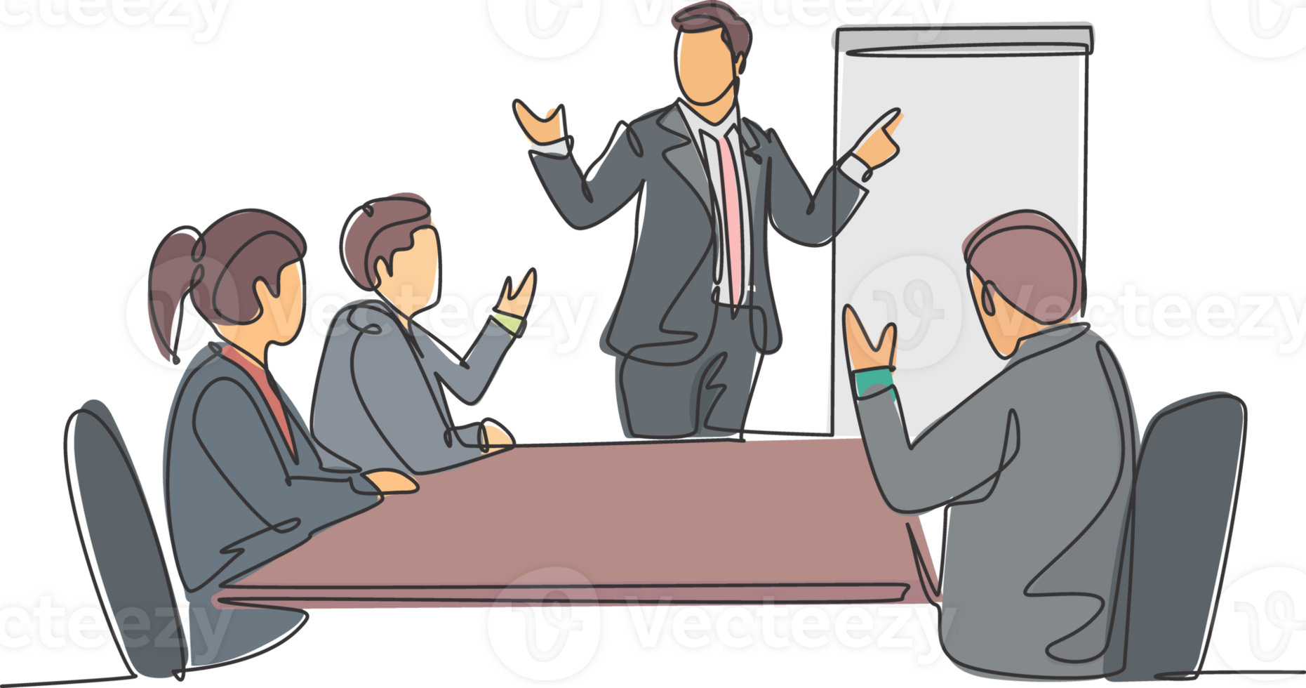 Single continuous line drawing of young happy businessman and businesswoman discussing in the office meeting room. Business meeting and presentation concept one line draw design vector illustration png