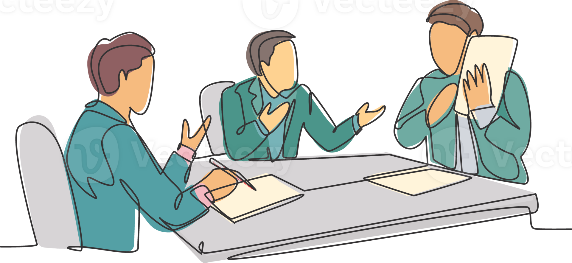 Single continuous line drawing of young happy businessmen discussing in meeting room to collaborate at some projects. Business collaboration concept one line draw design graphic illustration png