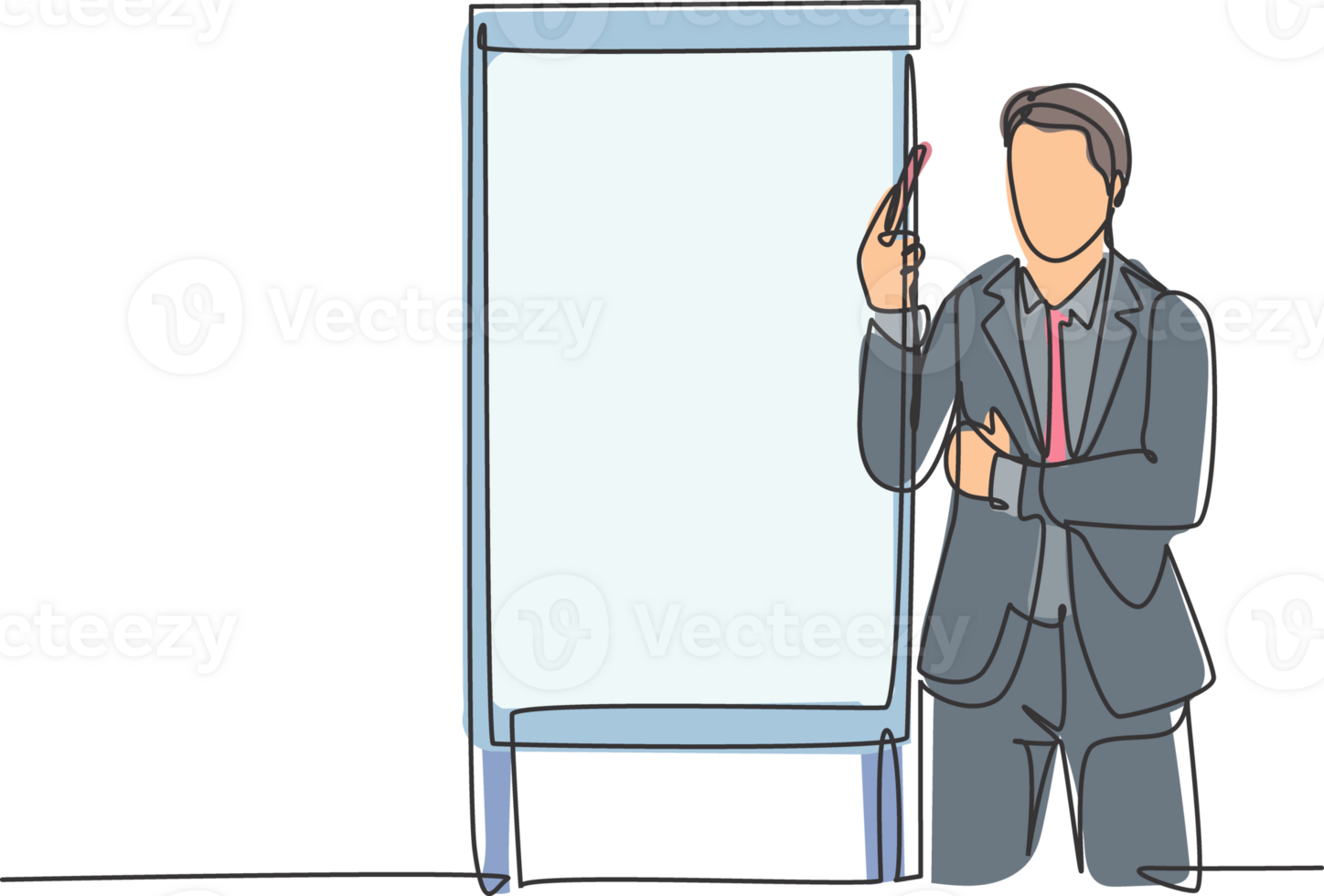 One continuous line drawing of young presenter watching mess data graph on screen and thinking how to solve the problem. Workshop presentation concept single line draw design illustration png