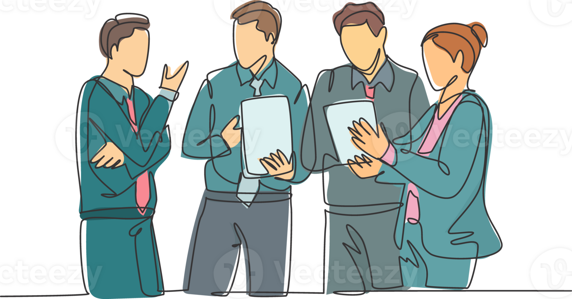 One continuous line drawing of young businessmen and businesswoman listening trainer explain business lesson. Business presentation concept. Trendy single line draw graphic design illustration png